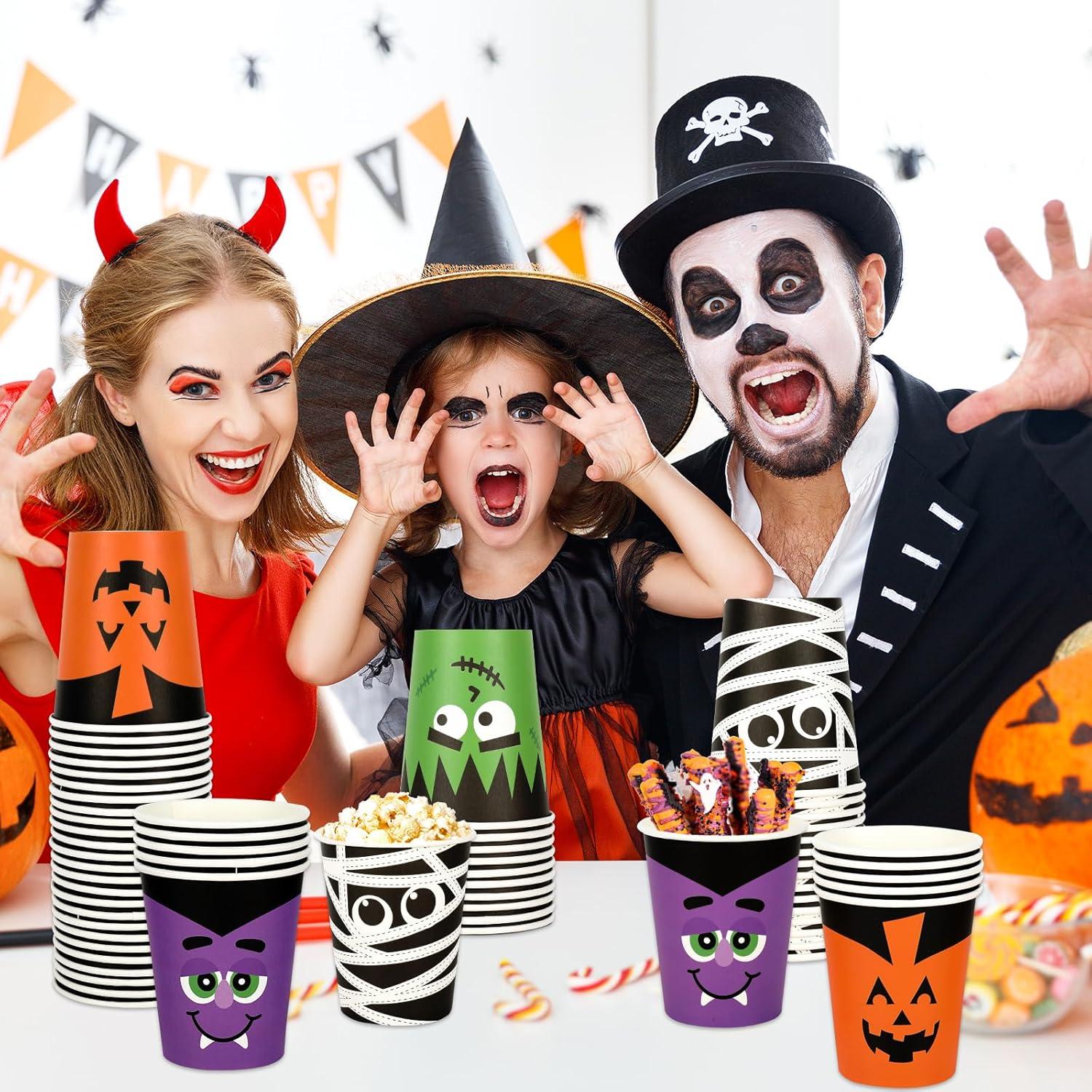 imageWhaline 100Pcs Halloween Disposable Cups Funny Cartoon Party Cups Pumpkin Vampire Mummy Monster Paper Cup for Juice Coffee Hot Cold Drink Halloween Party Supplies 9oz