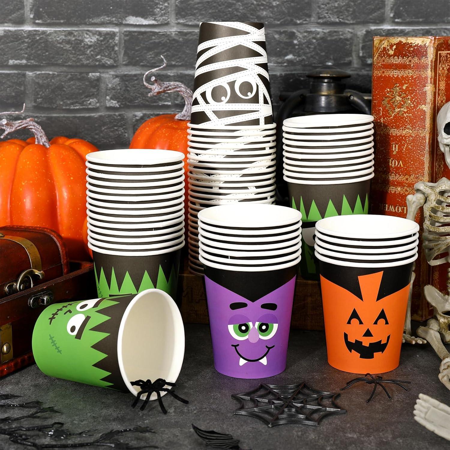 imageWhaline 100Pcs Halloween Disposable Cups Funny Cartoon Party Cups Pumpkin Vampire Mummy Monster Paper Cup for Juice Coffee Hot Cold Drink Halloween Party Supplies 9oz