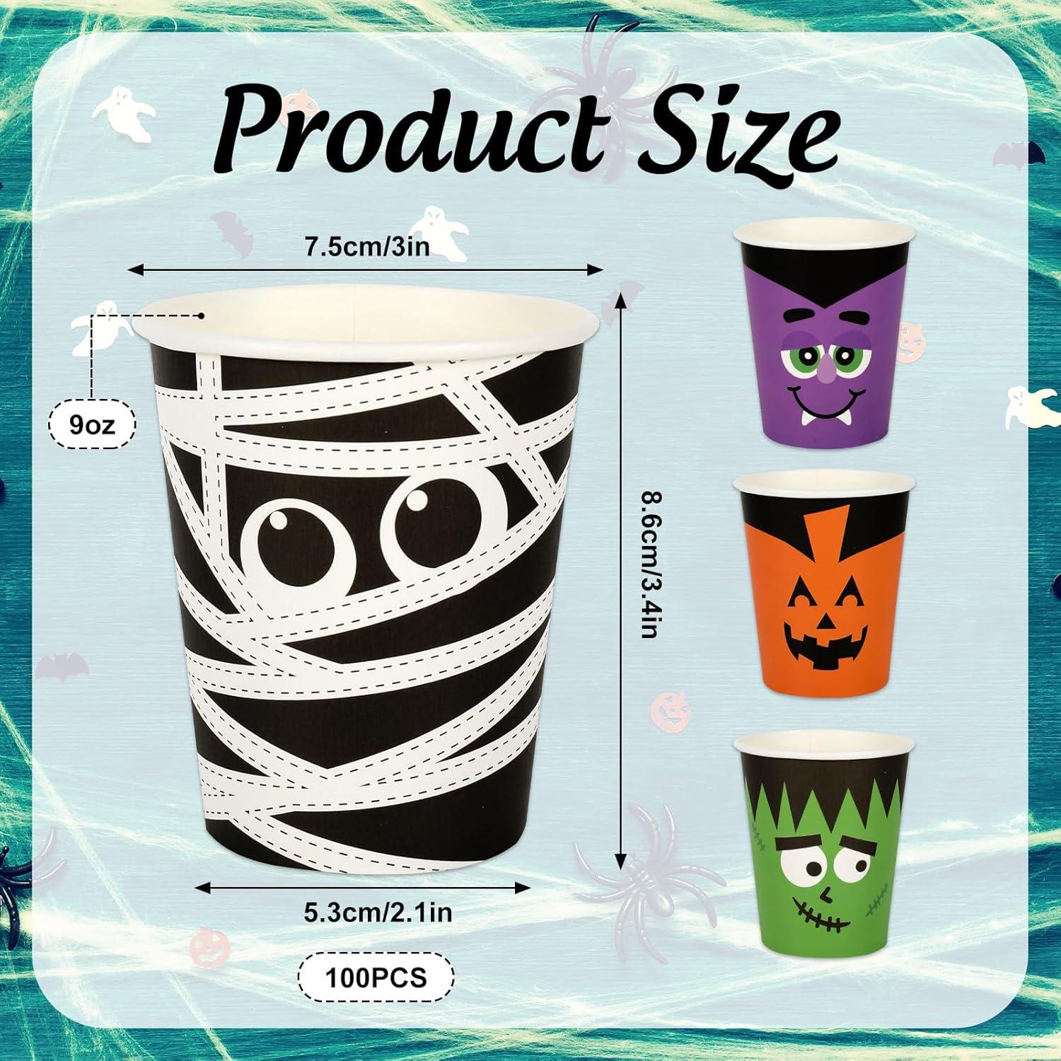 imageWhaline 100Pcs Halloween Disposable Cups Funny Cartoon Party Cups Pumpkin Vampire Mummy Monster Paper Cup for Juice Coffee Hot Cold Drink Halloween Party Supplies 9oz