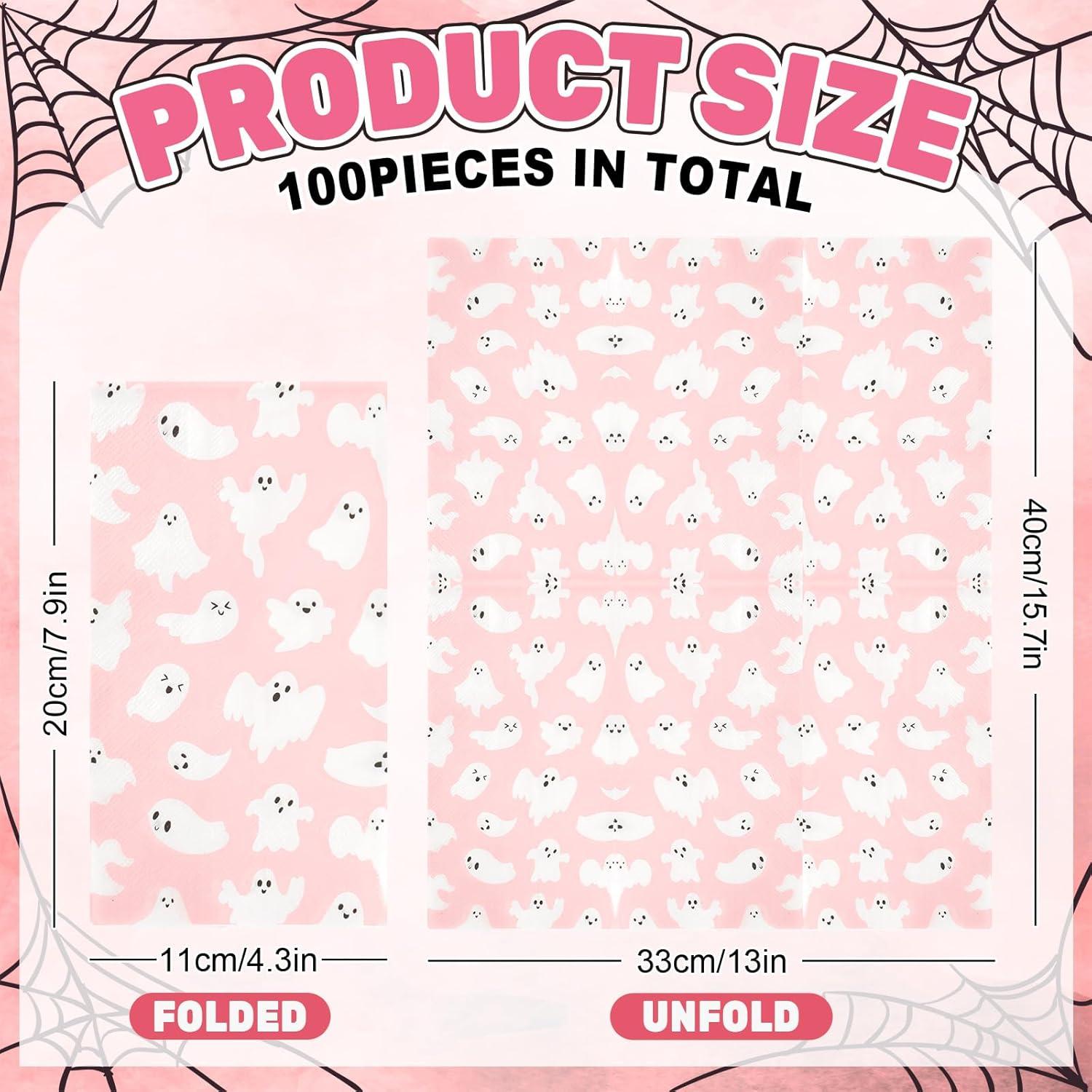 imageWhaline 100Pcs Halloween Ghost Guest Napkins Pink Ghost Boo Cute Cartoon Disposable Dinner Hand Towel Paper Napkins for Bathroom Birthday Baby Shower Party Table Supplies