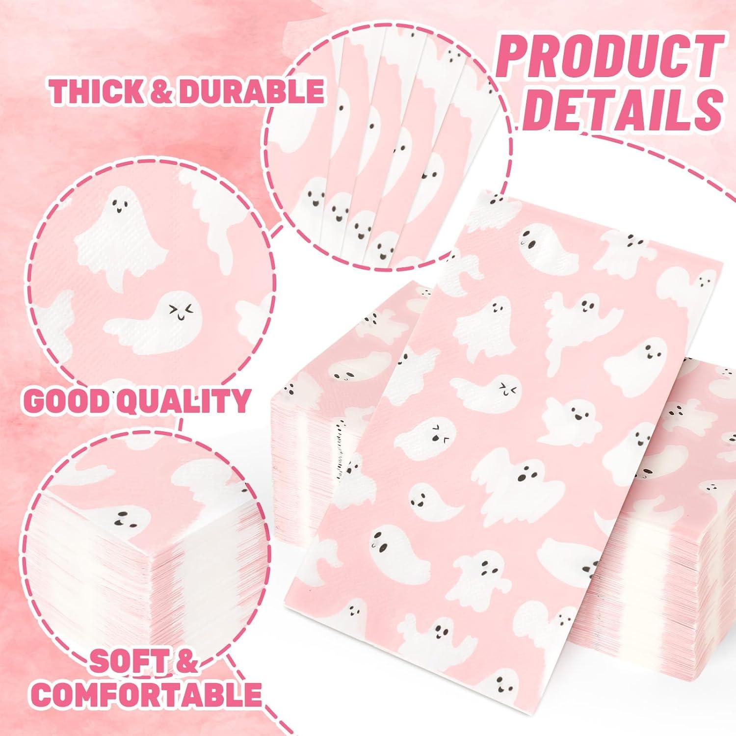imageWhaline 100Pcs Halloween Ghost Guest Napkins Pink Ghost Boo Cute Cartoon Disposable Dinner Hand Towel Paper Napkins for Bathroom Birthday Baby Shower Party Table Supplies