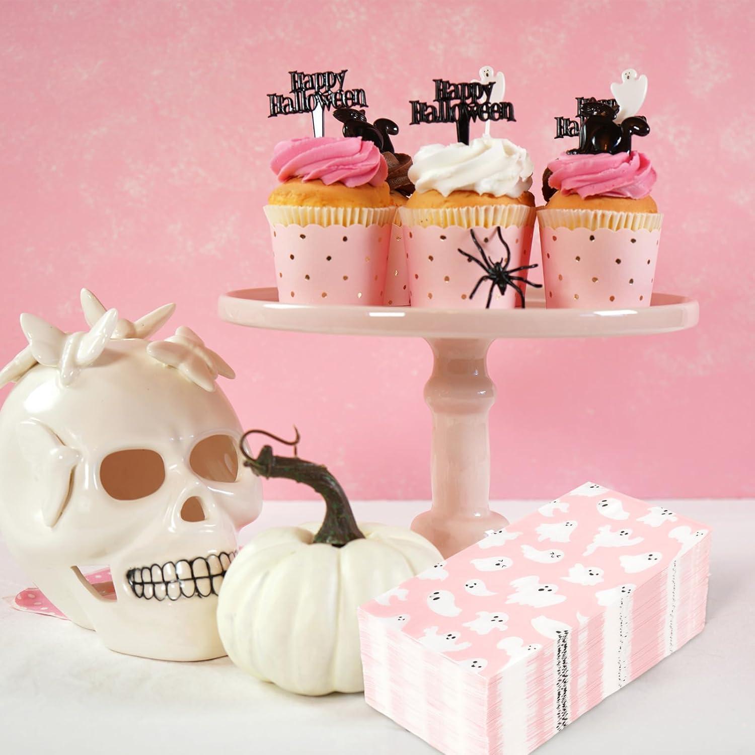 imageWhaline 100Pcs Halloween Ghost Guest Napkins Pink Ghost Boo Cute Cartoon Disposable Dinner Hand Towel Paper Napkins for Bathroom Birthday Baby Shower Party Table Supplies