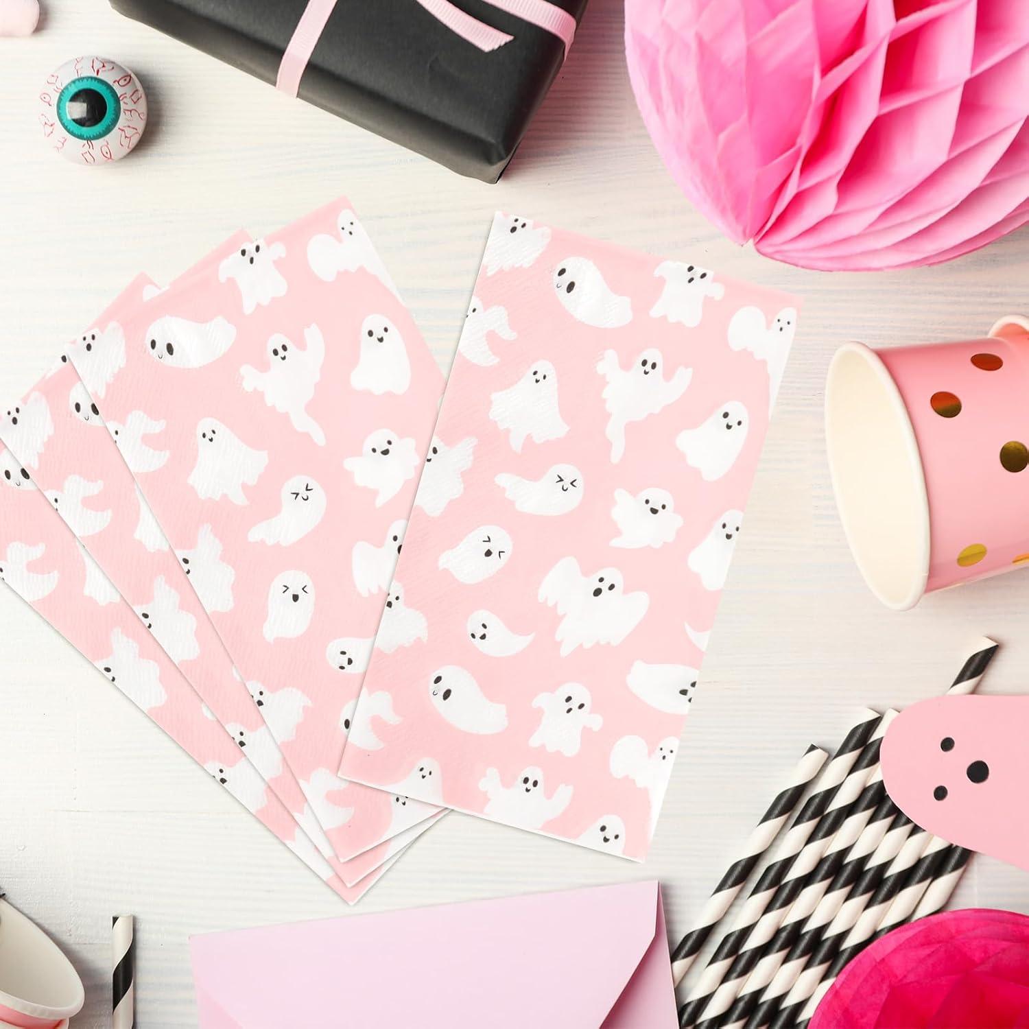 imageWhaline 100Pcs Halloween Ghost Guest Napkins Pink Ghost Boo Cute Cartoon Disposable Dinner Hand Towel Paper Napkins for Bathroom Birthday Baby Shower Party Table Supplies