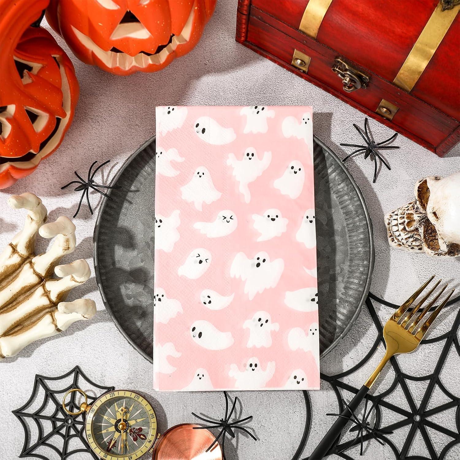 imageWhaline 100Pcs Halloween Ghost Guest Napkins Pink Ghost Boo Cute Cartoon Disposable Dinner Hand Towel Paper Napkins for Bathroom Birthday Baby Shower Party Table Supplies