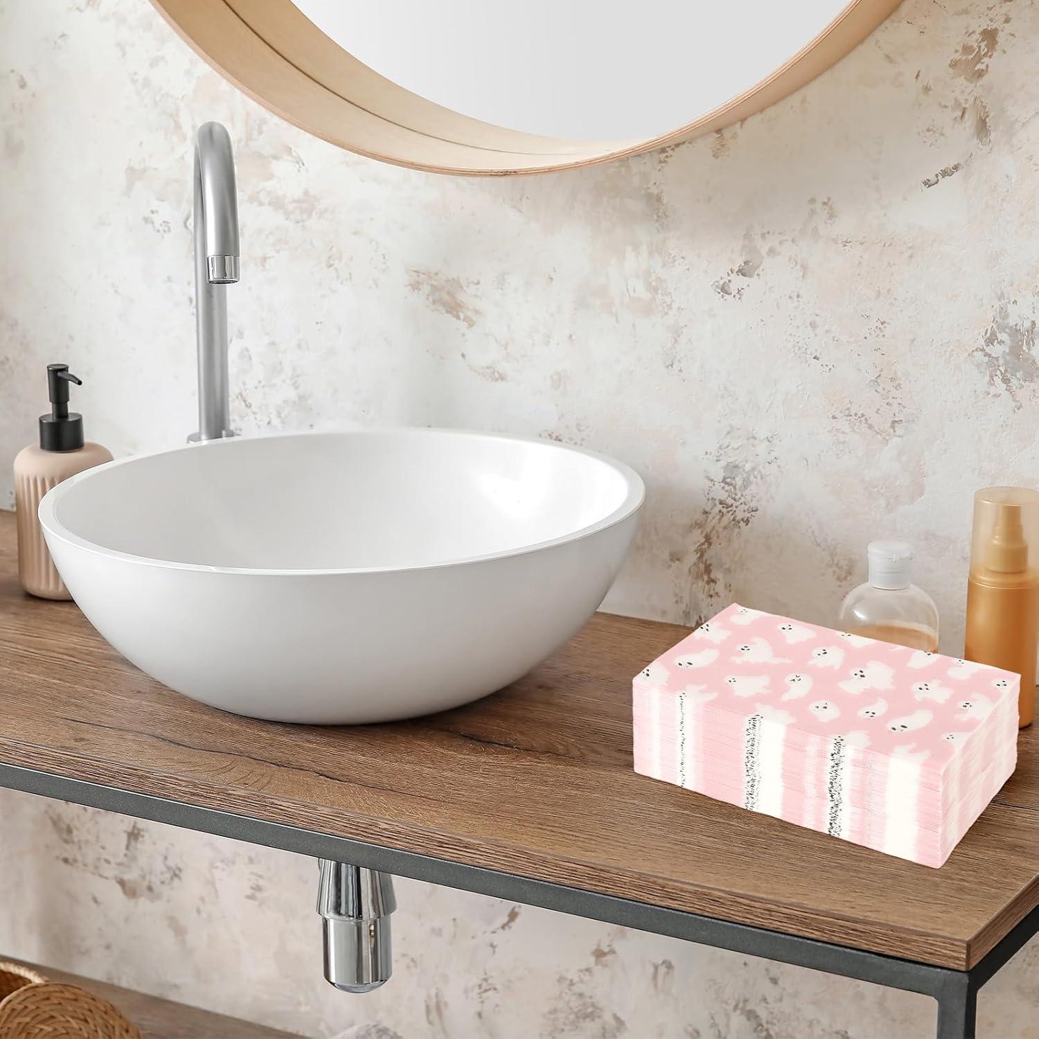 imageWhaline 100Pcs Halloween Ghost Guest Napkins Pink Ghost Boo Cute Cartoon Disposable Dinner Hand Towel Paper Napkins for Bathroom Birthday Baby Shower Party Table Supplies