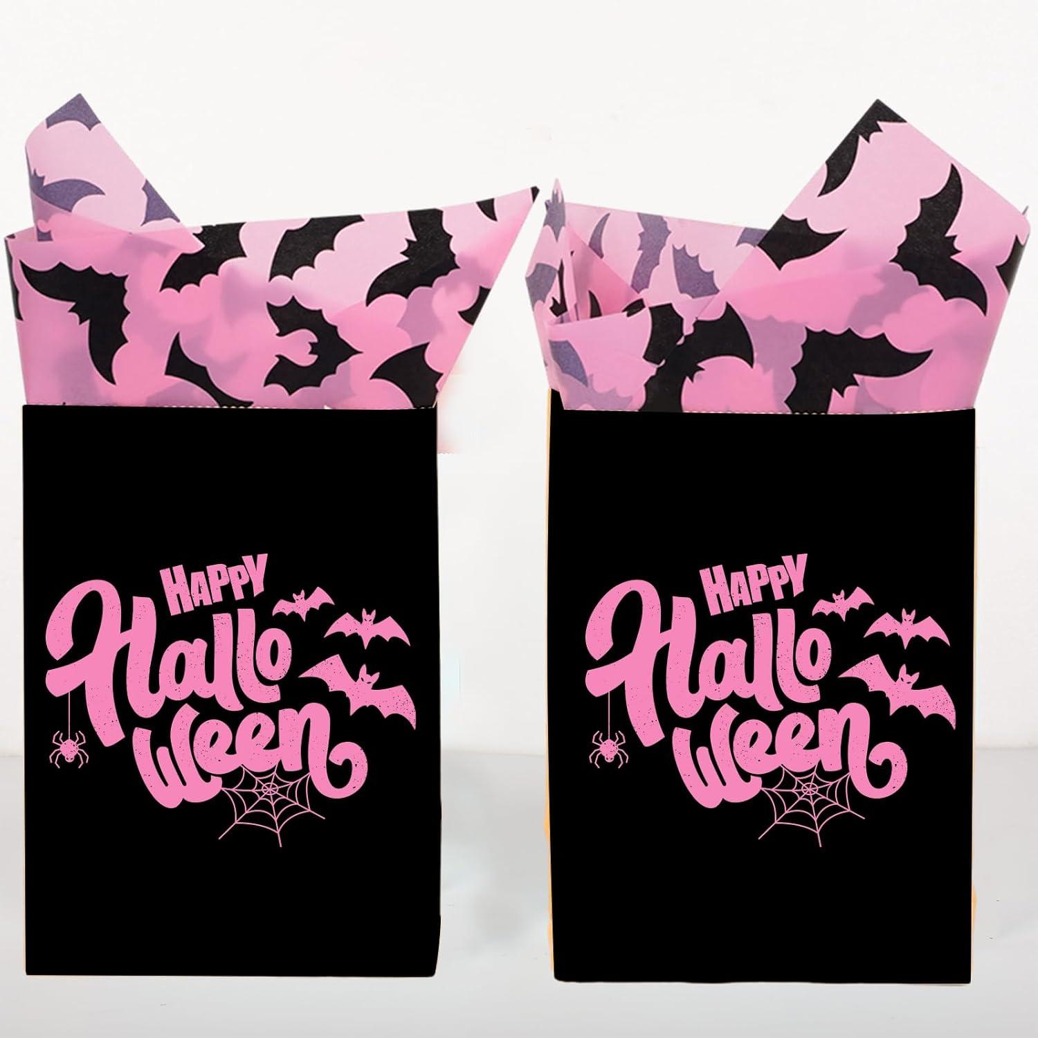 imageWhaline 100Pcs Pink Bat Tissue Paper Bulk Pink Wrapping Paper Bulk Black Bat Decorative Gift Wrapping Tissue Paper DIY Craft Paper for Halloween 14 x 20 InchPink