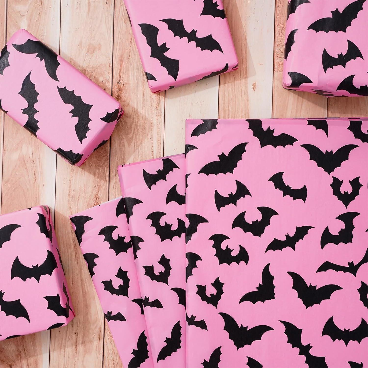 imageWhaline 100Pcs Pink Bat Tissue Paper Bulk Pink Wrapping Paper Bulk Black Bat Decorative Gift Wrapping Tissue Paper DIY Craft Paper for Halloween 14 x 20 InchPink