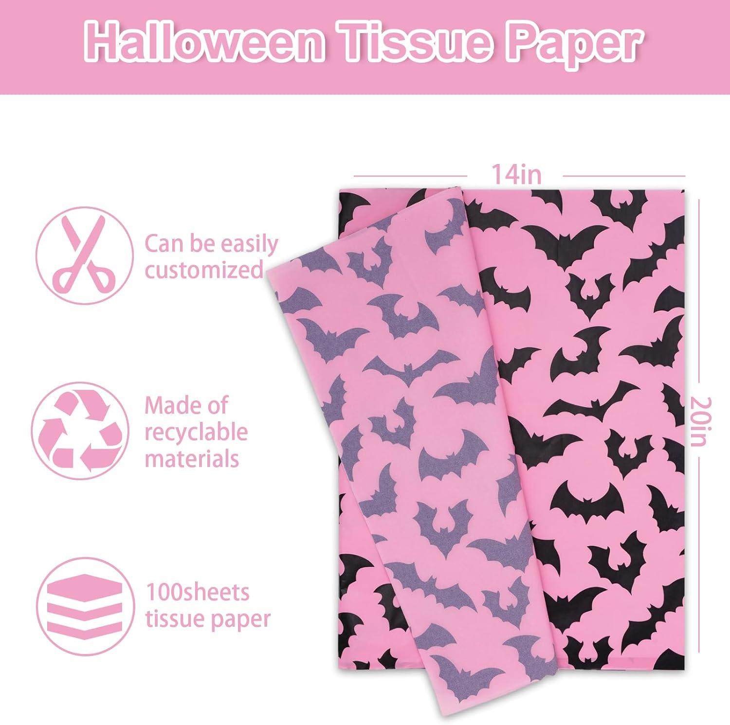imageWhaline 100Pcs Pink Bat Tissue Paper Bulk Pink Wrapping Paper Bulk Black Bat Decorative Gift Wrapping Tissue Paper DIY Craft Paper for Halloween 14 x 20 InchPink