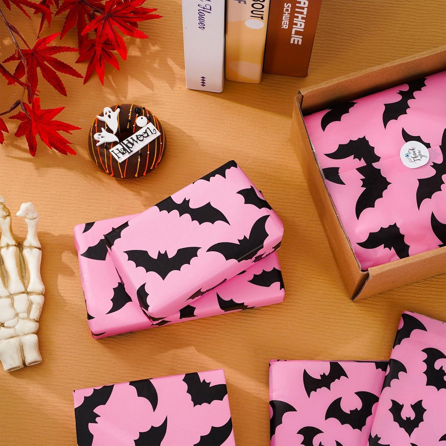 imageWhaline 100Pcs Pink Bat Tissue Paper Bulk Pink Wrapping Paper Bulk Black Bat Decorative Gift Wrapping Tissue Paper DIY Craft Paper for Halloween 14 x 20 InchPink