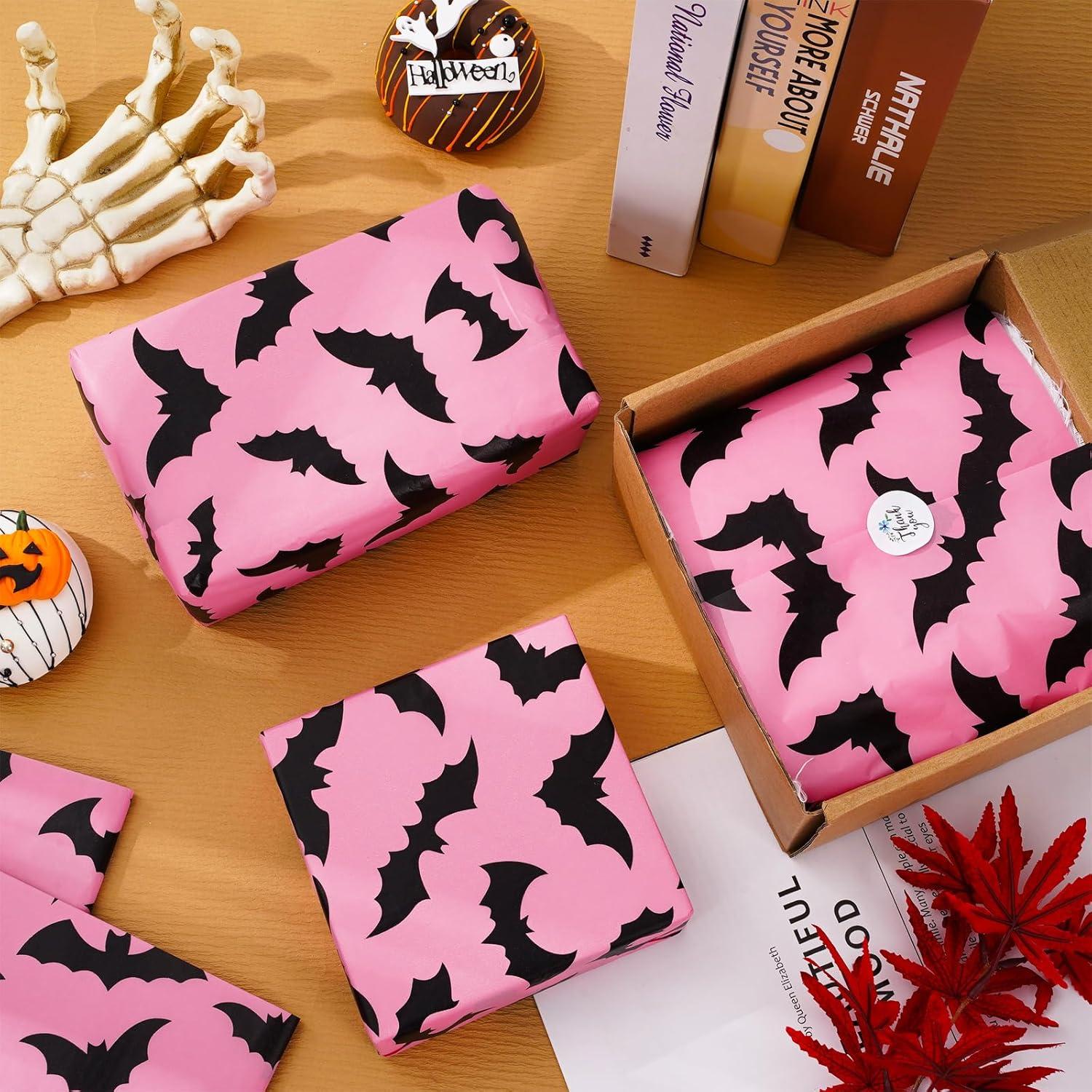 imageWhaline 100Pcs Pink Bat Tissue Paper Bulk Pink Wrapping Paper Bulk Black Bat Decorative Gift Wrapping Tissue Paper DIY Craft Paper for Halloween 14 x 20 InchPink