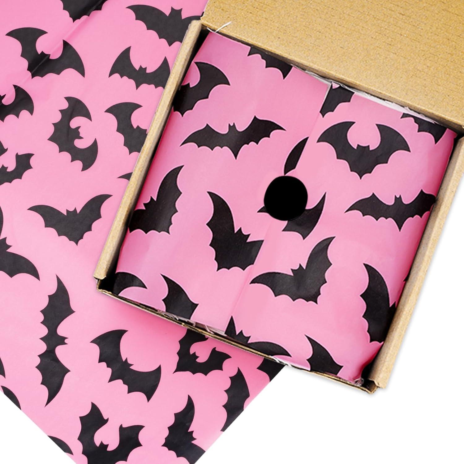 imageWhaline 100Pcs Pink Bat Tissue Paper Bulk Pink Wrapping Paper Bulk Black Bat Decorative Gift Wrapping Tissue Paper DIY Craft Paper for Halloween 14 x 20 InchPink