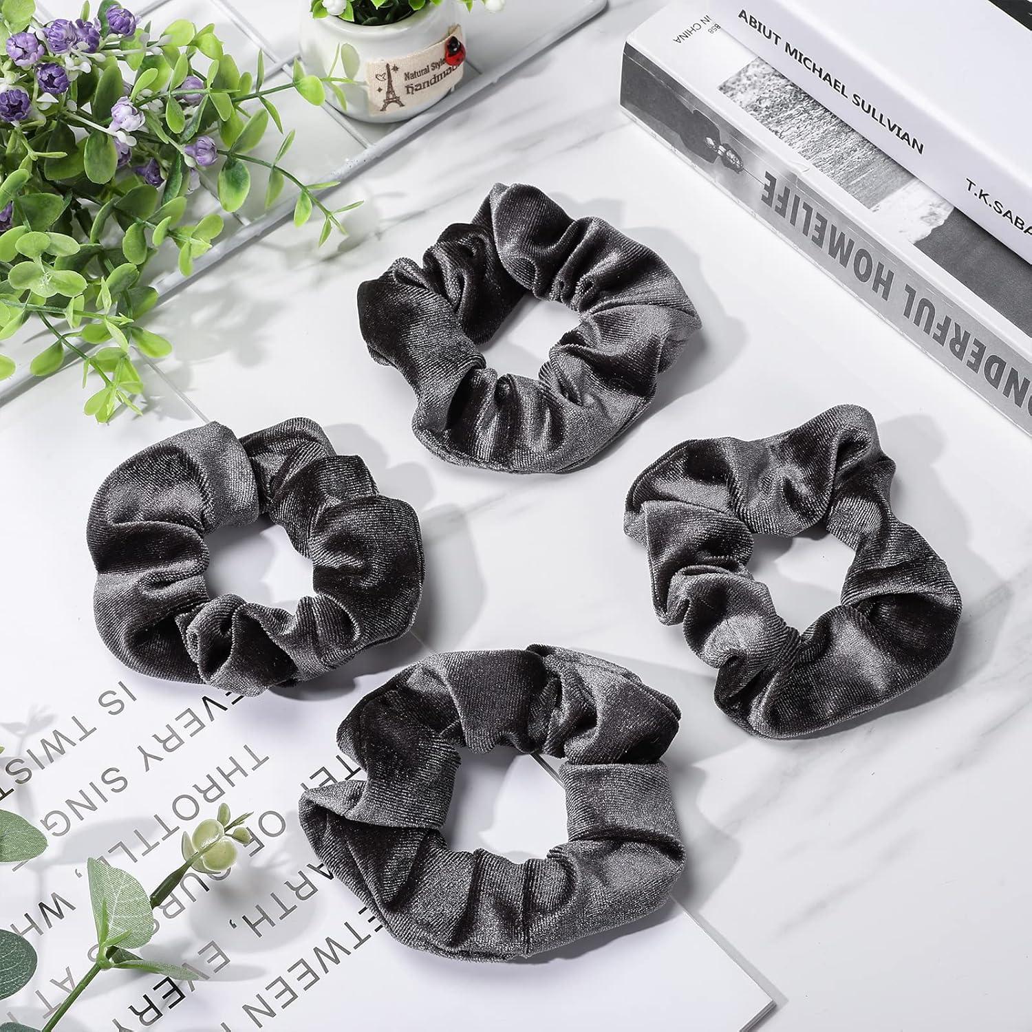 imageWhaline 12 Pieces Hair Scrunchies Velvet Elastics Scrunchy Bobbles Soft Hair Bands Hair Ties BlackGray