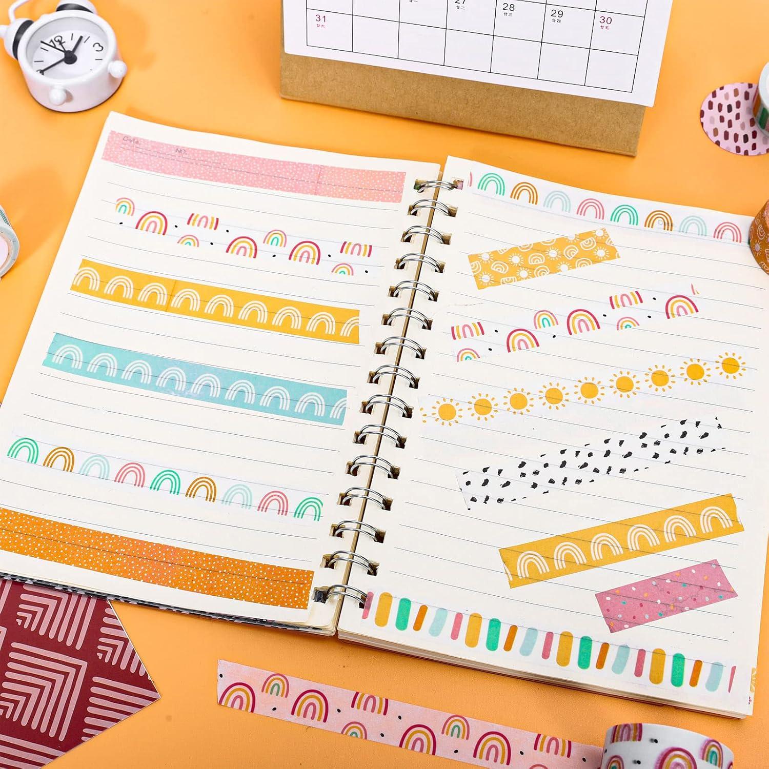 imageWhaline 12 Roll Boho Washi Tapes Back to School Boho Rainbow Sun Masking Tapes 15mm Summer Party Cute Decorative Tape Sticker for Scrapbook Journal DIY Art Craft Gift Wrapping 164Ft