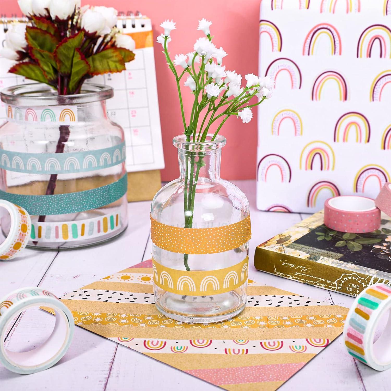 imageWhaline 12 Roll Boho Washi Tapes Back to School Boho Rainbow Sun Masking Tapes 15mm Summer Party Cute Decorative Tape Sticker for Scrapbook Journal DIY Art Craft Gift Wrapping 164Ft