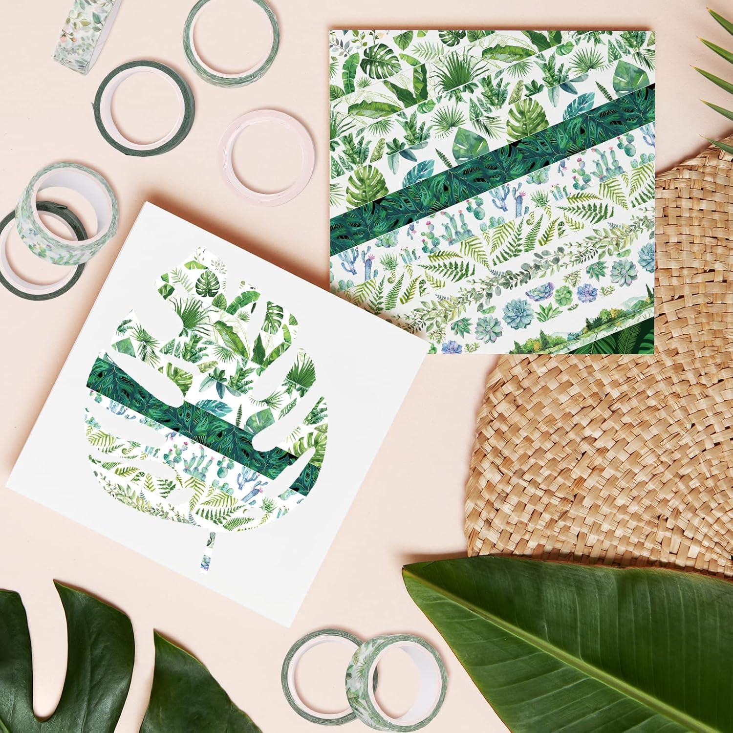 imageWhaline 12 Rolls Green Forest Washi Tape Watercolor Greenery Holiday Masking Tape Woodland Green Tree Plants Pattern Washi Tape for Scrapbook Journal DIY Craft Gift WrappingTropical Leaves