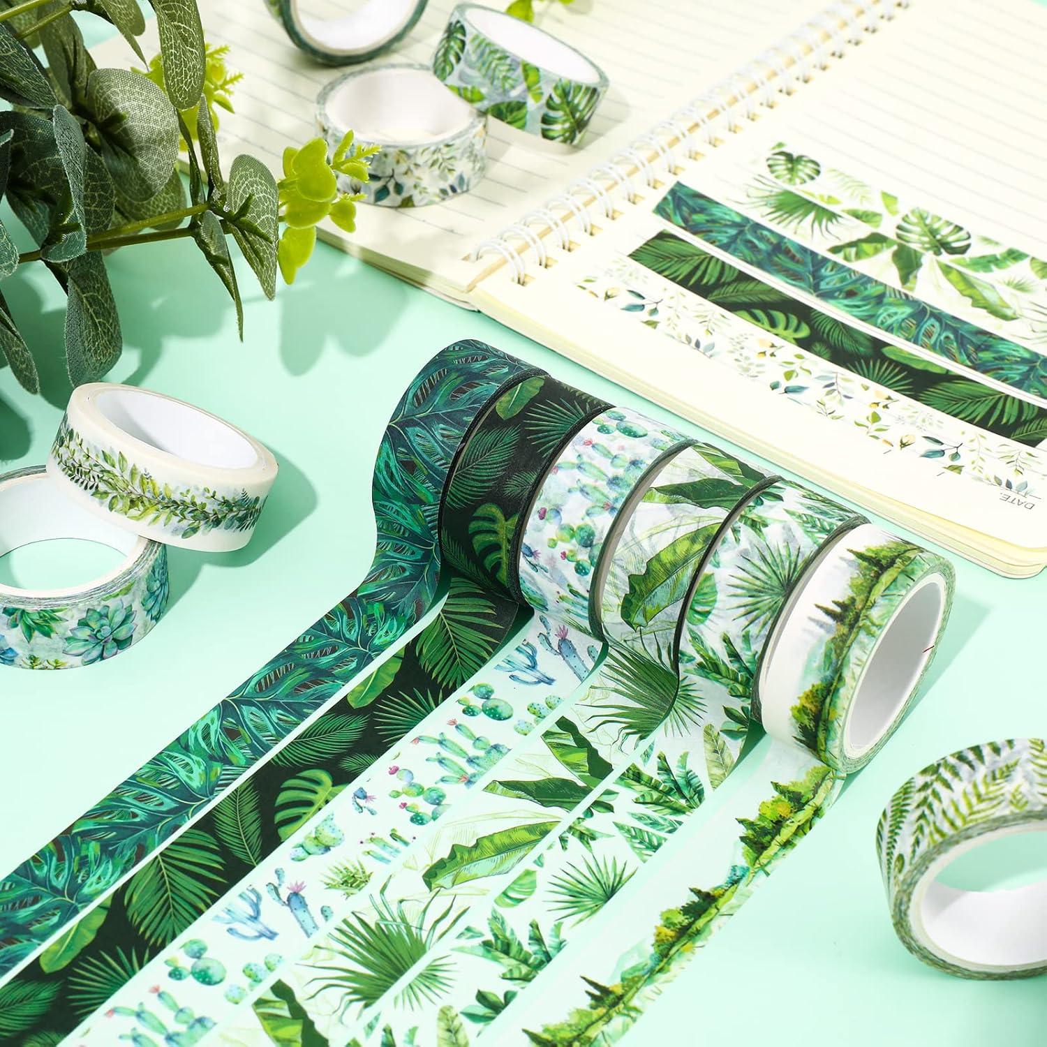 imageWhaline 12 Rolls Green Forest Washi Tape Watercolor Greenery Holiday Masking Tape Woodland Green Tree Plants Pattern Washi Tape for Scrapbook Journal DIY Craft Gift WrappingTropical Leaves