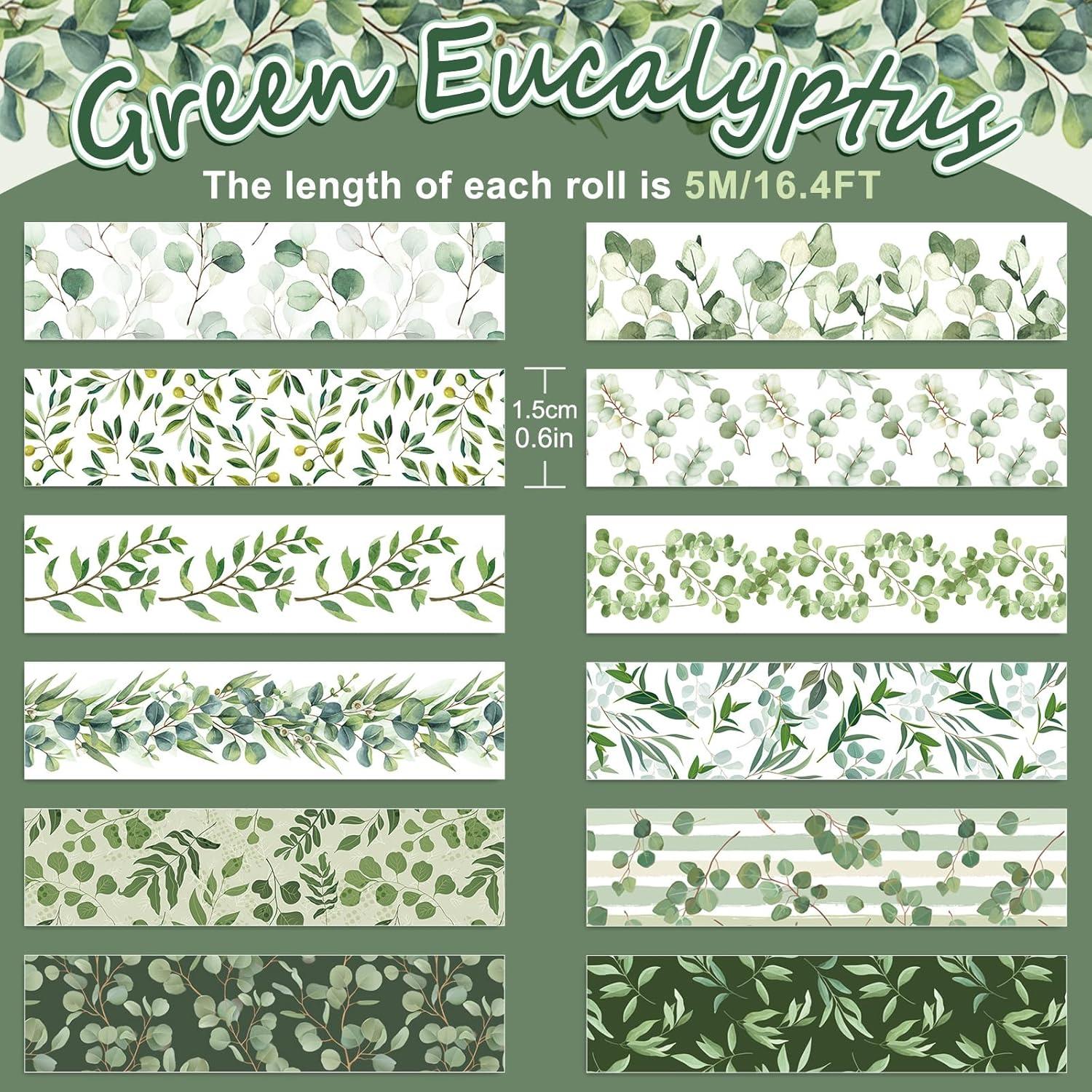 imageWhaline 12 Rolls Green Forest Washi Tape Watercolor Greenery Holiday Masking Tape Woodland Green Tree Plants Pattern Washi Tape for Scrapbook Journal DIY Craft Gift WrappingEucalyptus