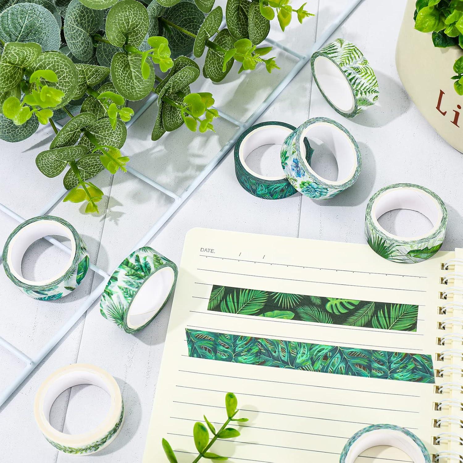imageWhaline 12 Rolls Green Forest Washi Tape Watercolor Greenery Holiday Masking Tape Woodland Green Tree Plants Pattern Washi Tape for Scrapbook Journal DIY Craft Gift WrappingTropical Leaves