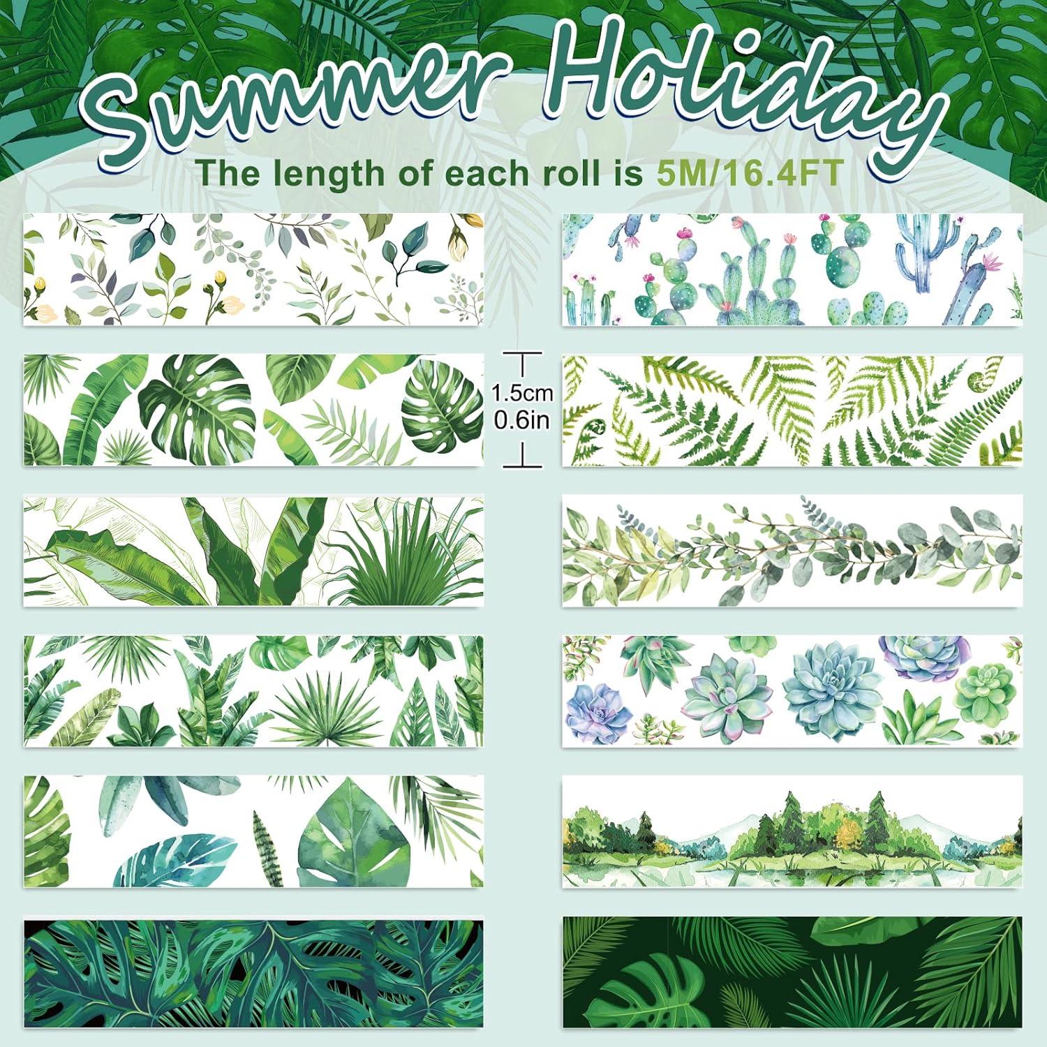 imageWhaline 12 Rolls Green Forest Washi Tape Watercolor Greenery Holiday Masking Tape Woodland Green Tree Plants Pattern Washi Tape for Scrapbook Journal DIY Craft Gift WrappingTropical Leaves