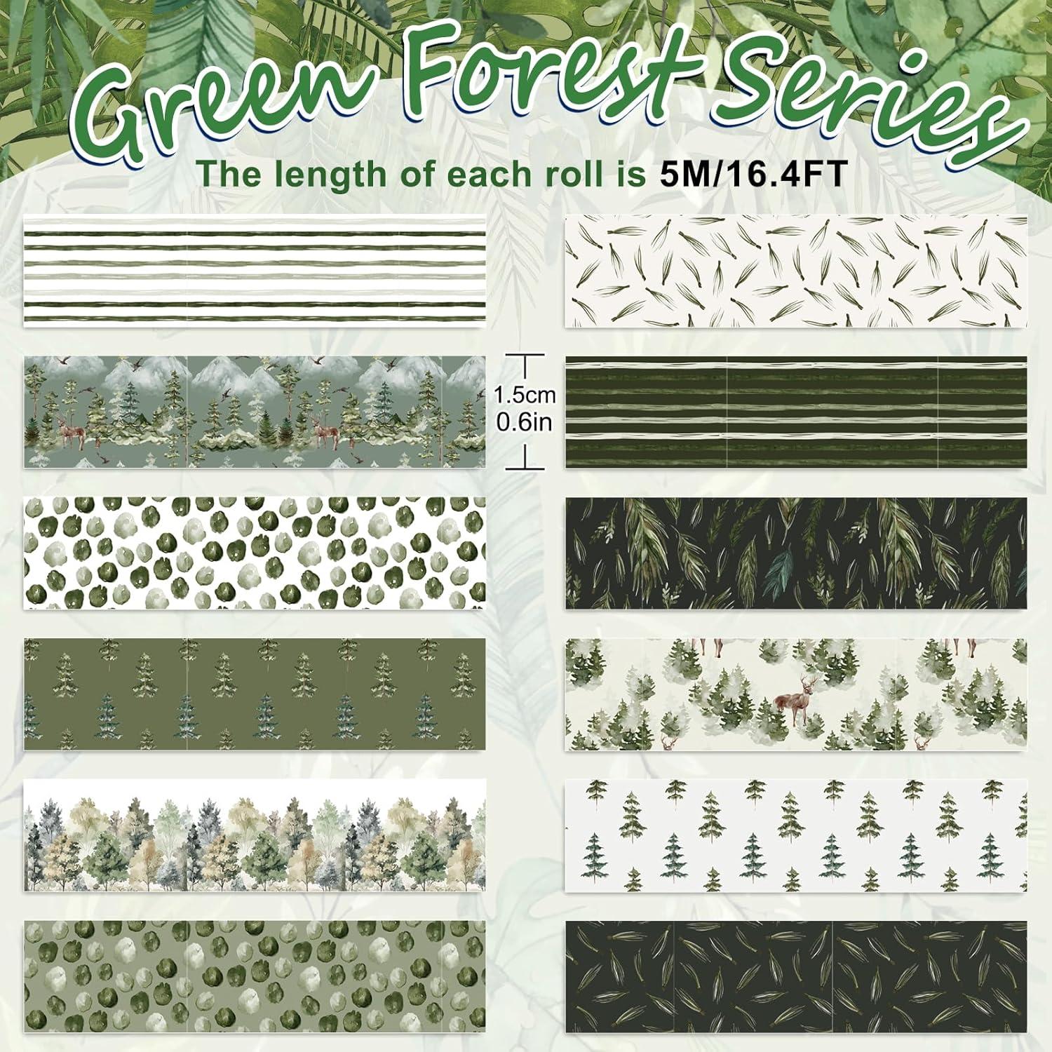 imageWhaline 12 Rolls Green Forest Washi Tape Watercolor Greenery Holiday Masking Tape Woodland Green Tree Plants Pattern Washi Tape for Scrapbook Journal DIY Craft Gift WrappingWatercolor Greenery