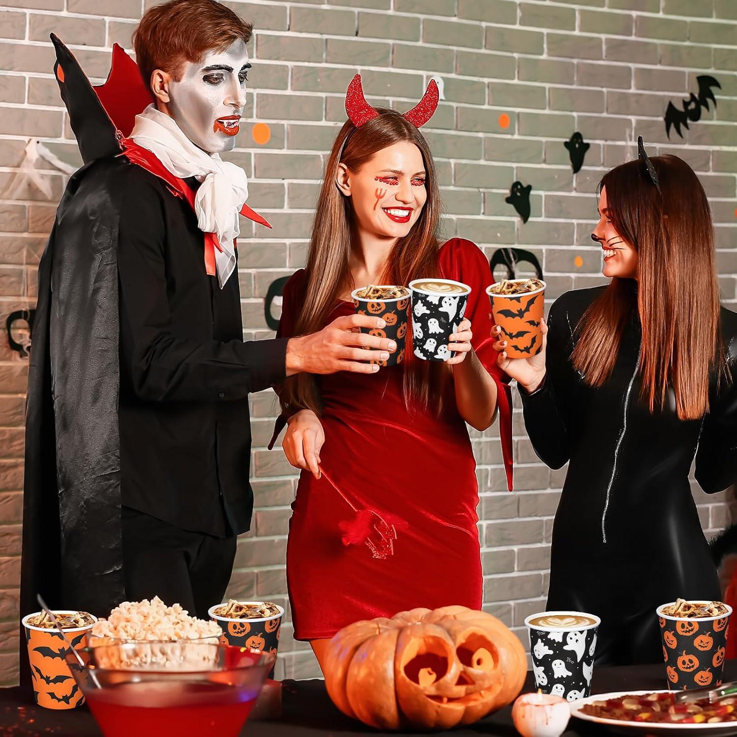 imageWhaline 120Pcs Halloween Paper Cups Pumpkin Ghost Bats Disposable Cups 3 Designs Black Orange Party Cups for Cold Hot Drink Table Decor Supplies 9 Oz