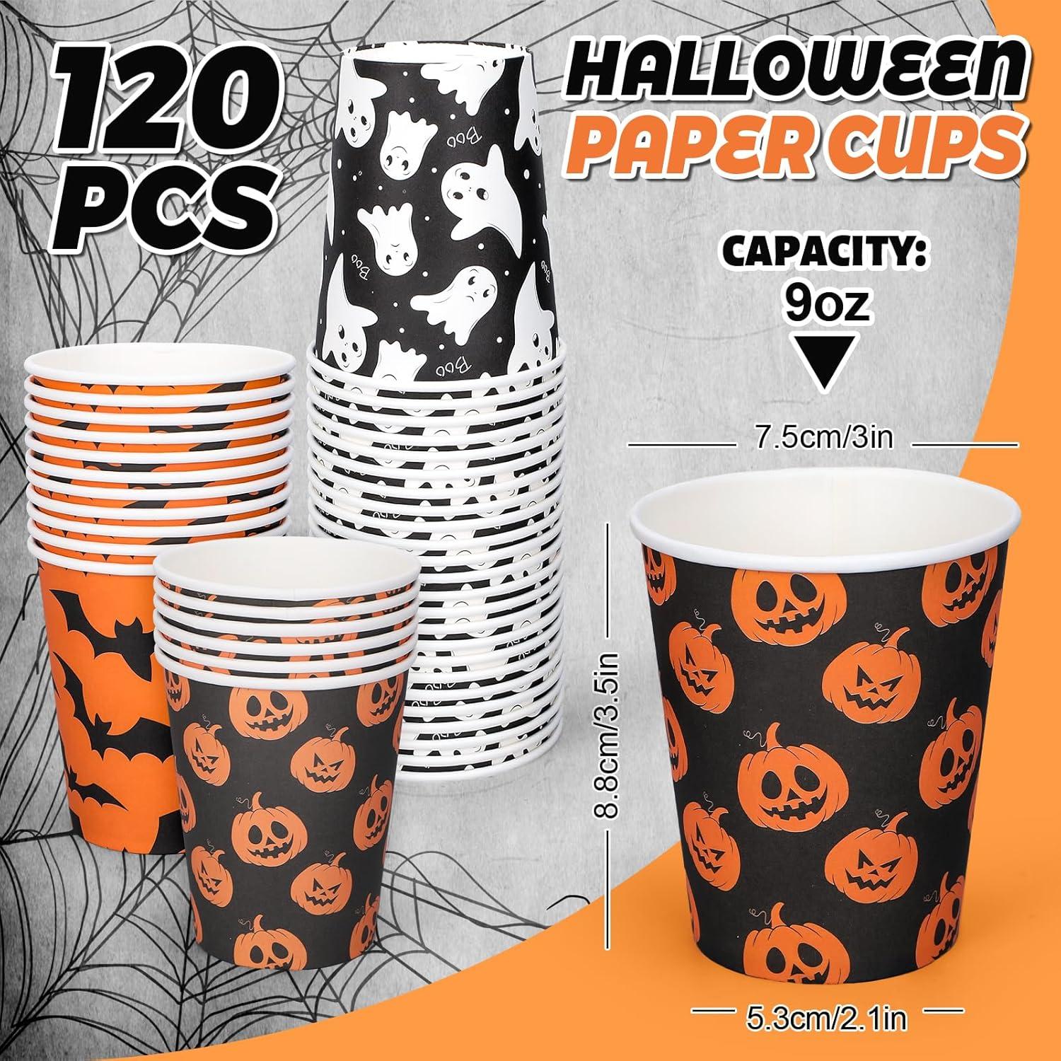 imageWhaline 120Pcs Halloween Paper Cups Pumpkin Ghost Bats Disposable Cups 3 Designs Black Orange Party Cups for Cold Hot Drink Table Decor Supplies 9 Oz