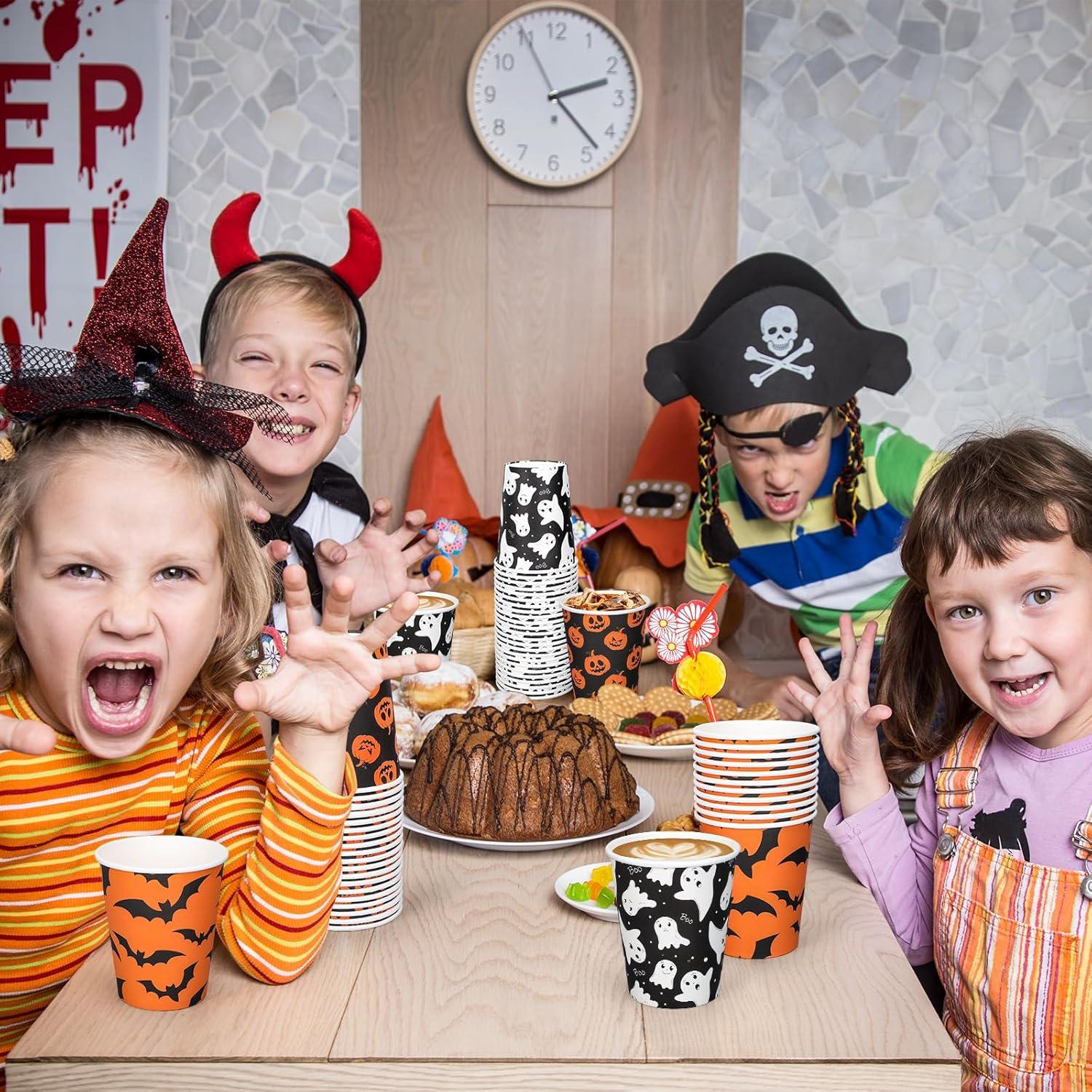 imageWhaline 120Pcs Halloween Paper Cups Pumpkin Ghost Bats Disposable Cups 3 Designs Black Orange Party Cups for Cold Hot Drink Table Decor Supplies 9 Oz