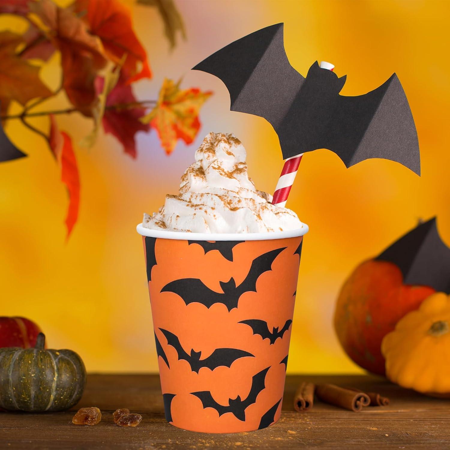 imageWhaline 120Pcs Halloween Paper Cups Pumpkin Ghost Bats Disposable Cups 3 Designs Black Orange Party Cups for Cold Hot Drink Table Decor Supplies 9 Oz