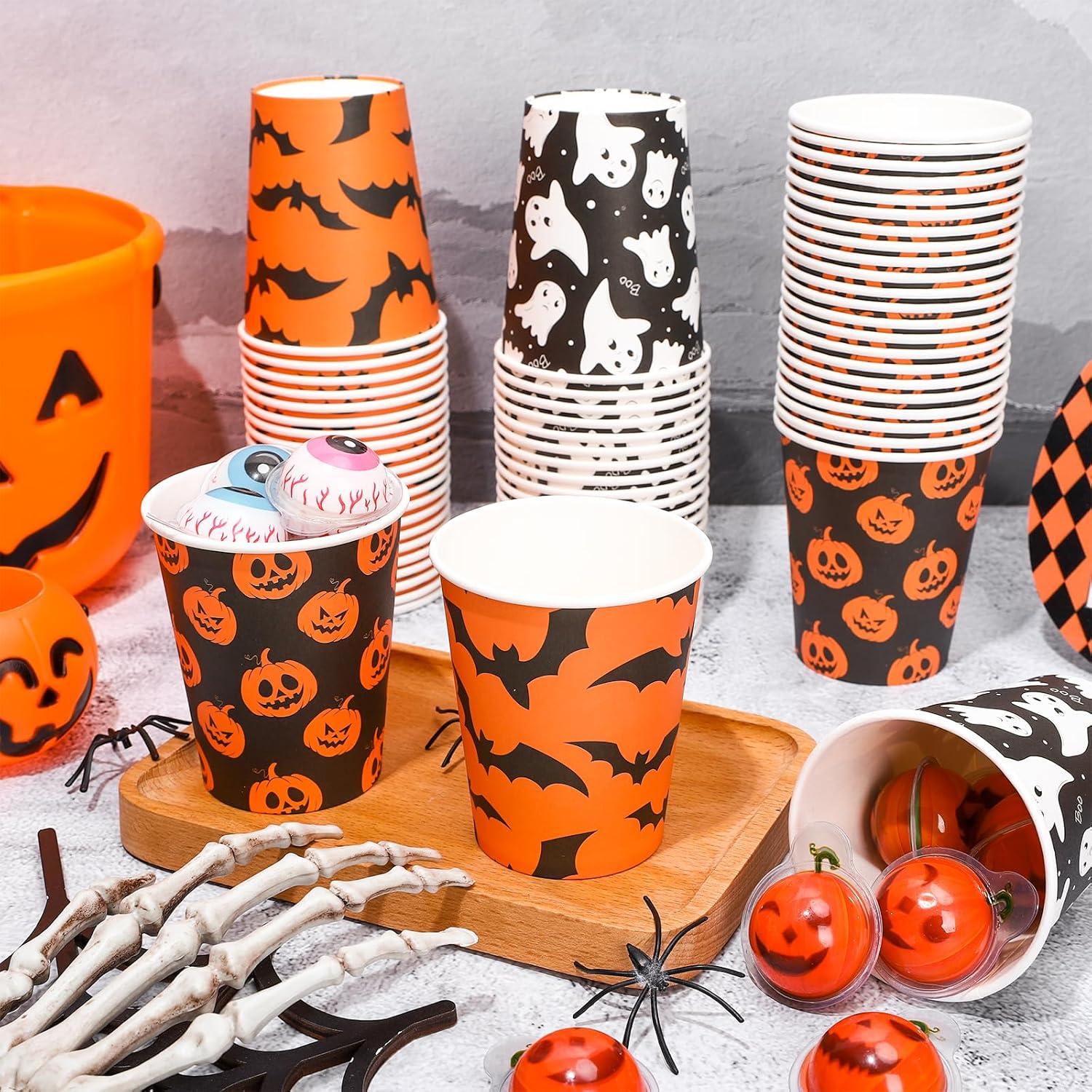 imageWhaline 120Pcs Halloween Paper Cups Pumpkin Ghost Bats Disposable Cups 3 Designs Black Orange Party Cups for Cold Hot Drink Table Decor Supplies 9 Oz