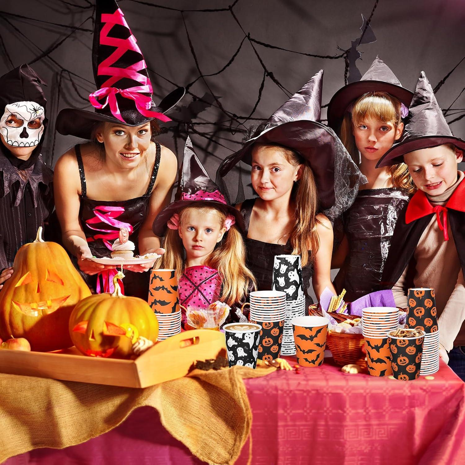 imageWhaline 120Pcs Halloween Paper Cups Pumpkin Ghost Bats Disposable Cups 3 Designs Black Orange Party Cups for Cold Hot Drink Table Decor Supplies 9 Oz