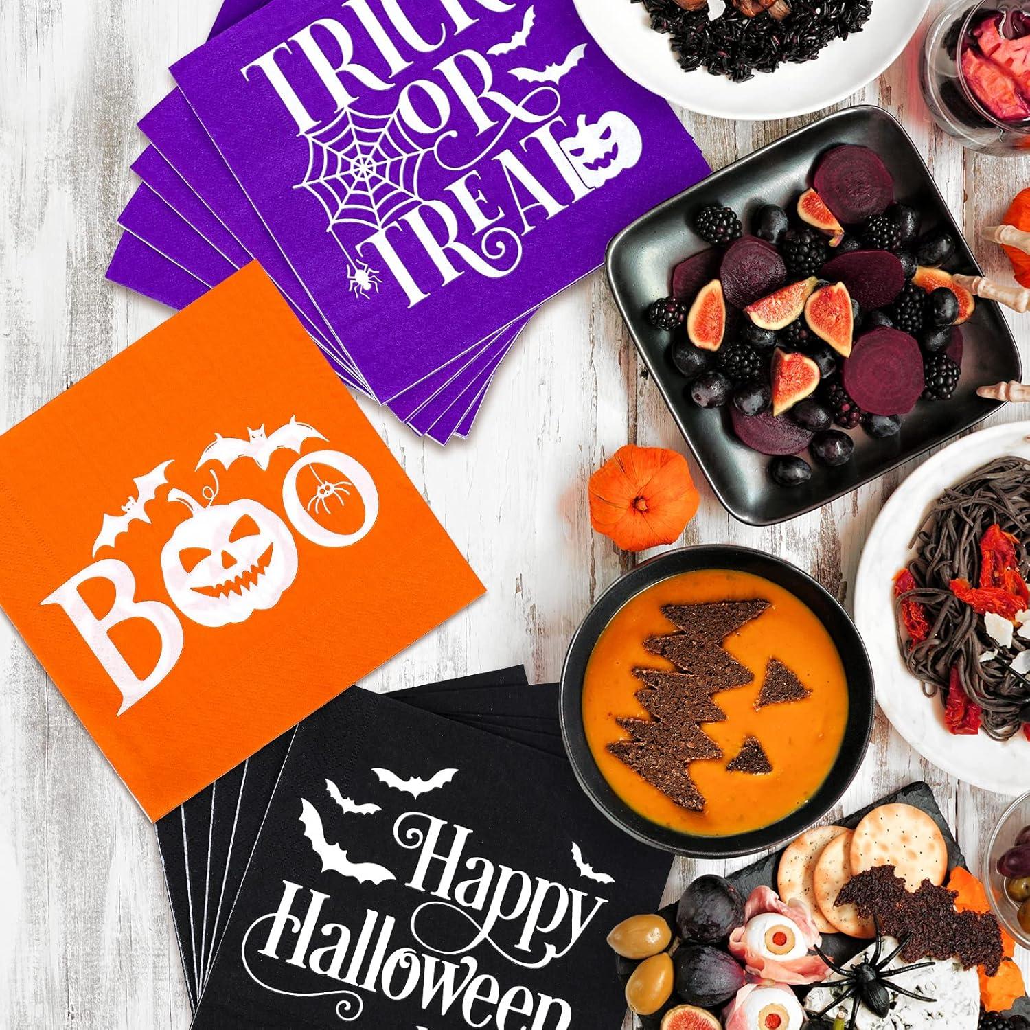 imageWhaline 120pcs Halloween Napkins 3 Style Disposable Paper Party Napkin Happy Halloween Beverage Cocktail Napkins Trick or Treat Printed Napkin for Party Suppliers 65 x 65 InchHalloween