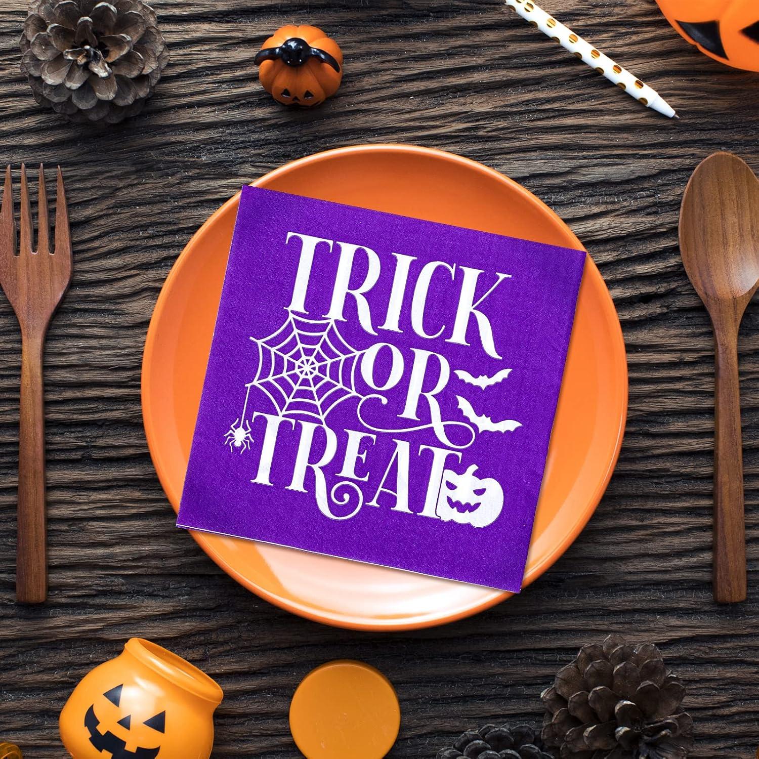 imageWhaline 120pcs Halloween Napkins 3 Style Disposable Paper Party Napkin Happy Halloween Beverage Cocktail Napkins Trick or Treat Printed Napkin for Party Suppliers 65 x 65 InchHalloween