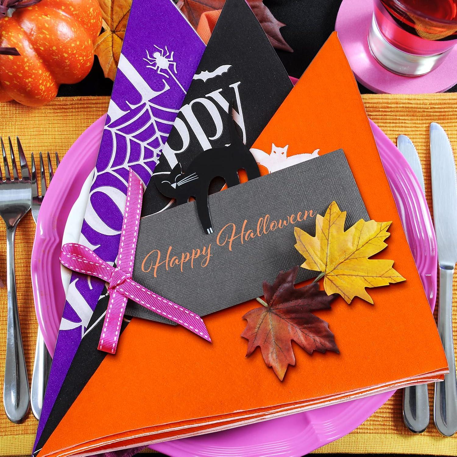 imageWhaline 120pcs Halloween Napkins 3 Style Disposable Paper Party Napkin Happy Halloween Beverage Cocktail Napkins Trick or Treat Printed Napkin for Party Suppliers 65 x 65 InchHalloween