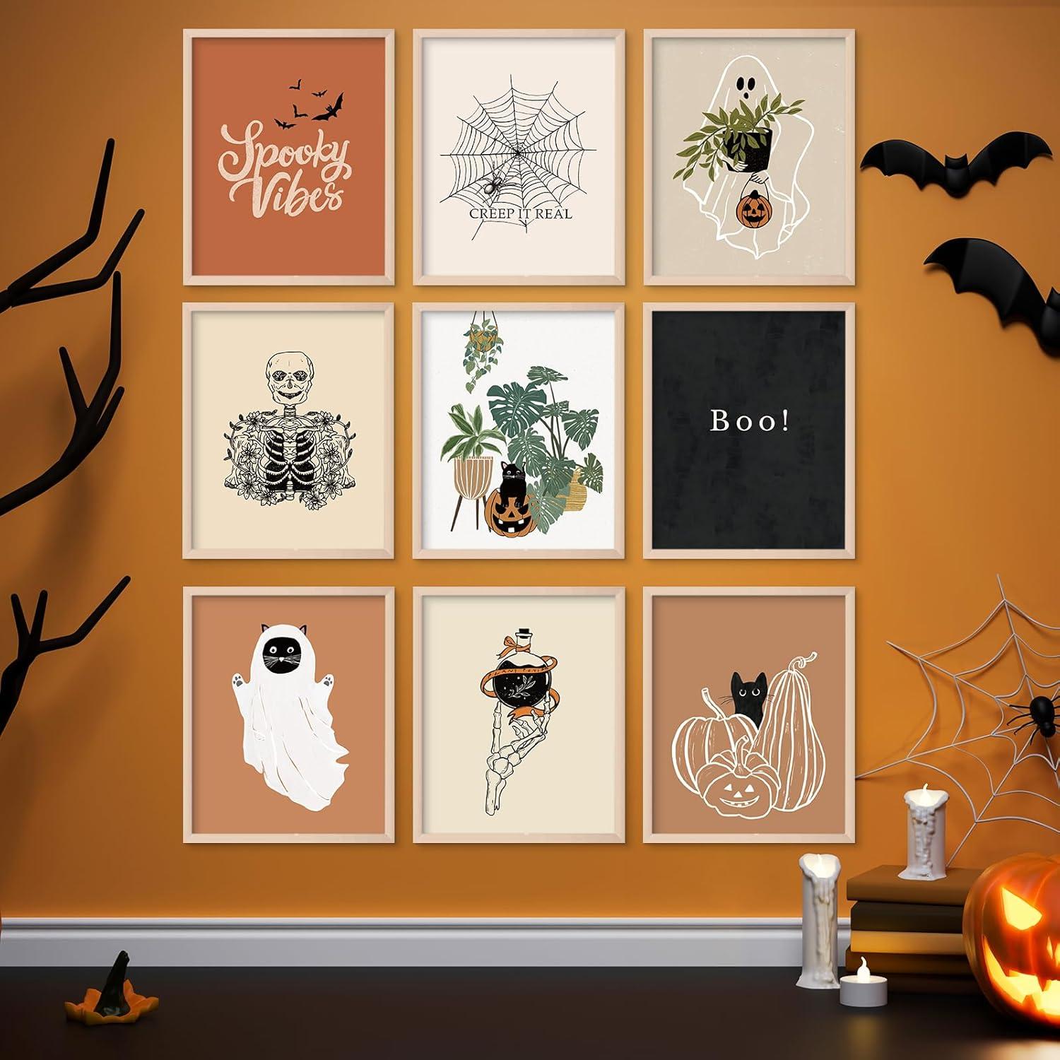 imageWhaline 12Pcs Halloween Wall Art Prints 8x10 Inch Boho Skeleton Ghost Black Cat Art Poster Decor Halloween Art Prints for Halloween Gallery Wall Home Living Room Bedroom Decor UNFRAMEDCanvas