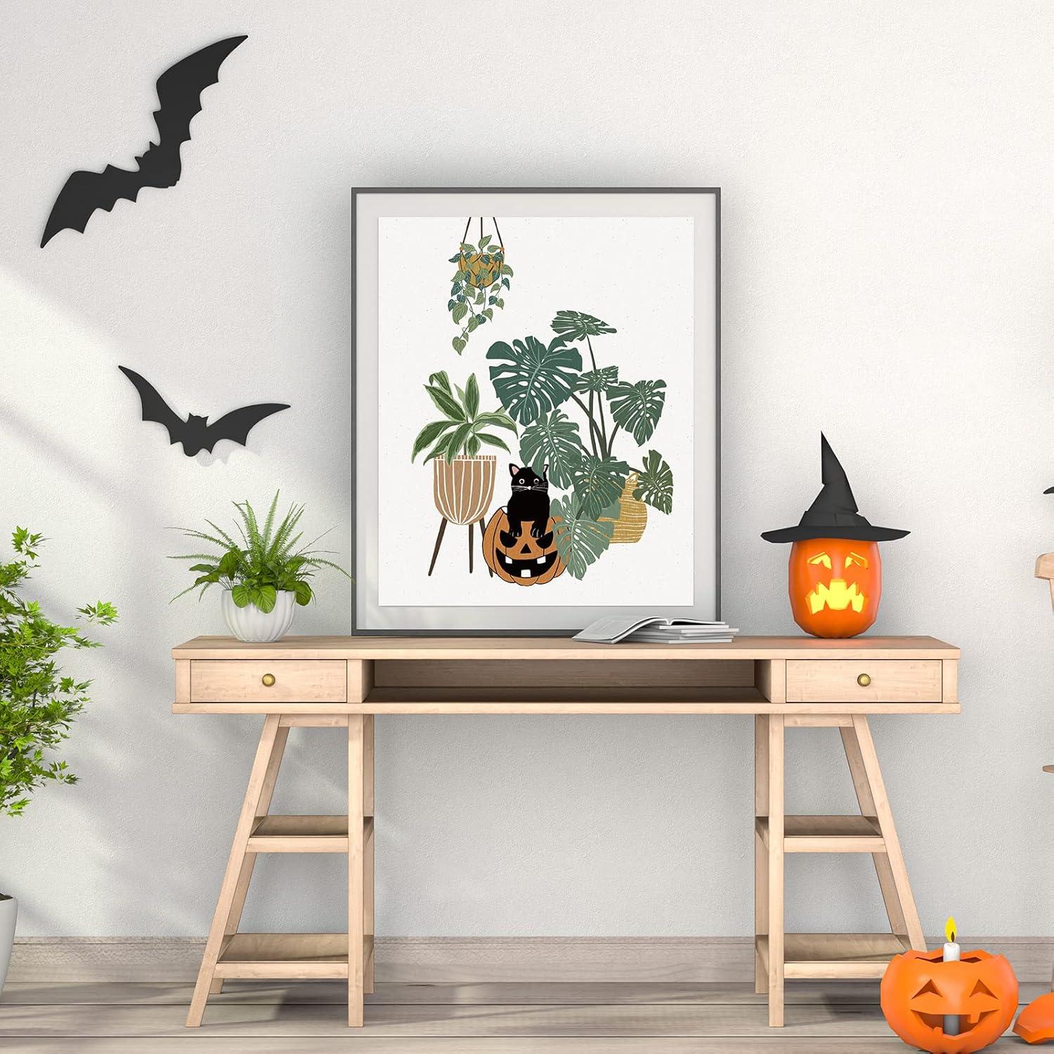 imageWhaline 12Pcs Halloween Wall Art Prints 8x10 Inch Boho Skeleton Ghost Black Cat Art Poster Decor Halloween Art Prints for Halloween Gallery Wall Home Living Room Bedroom Decor UNFRAMEDPaper