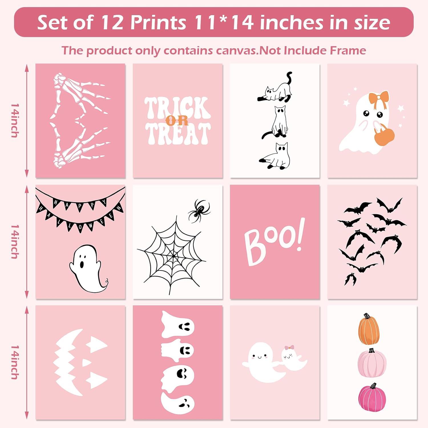 imageWhaline 12Pcs Halloween Wall Art Prints Cute Pink Ghost Pumpkin Boo Art Poster Trick or Treat Aesthetic Wall Decor for Gallery Living Room Bedroom UNFRAMED 11 x 14 InchPink