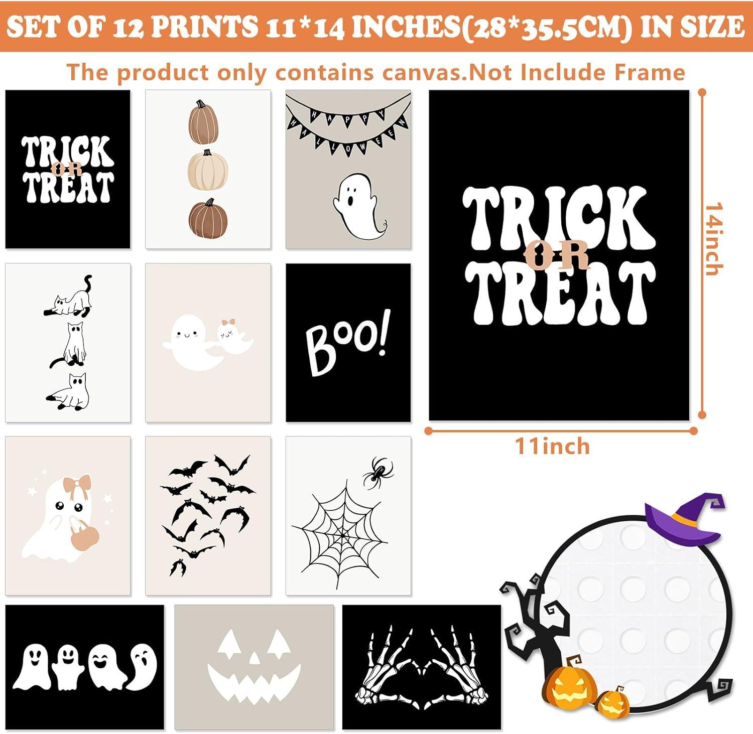 imageWhaline 12Pcs Halloween Wall Art Prints Cute Pink Ghost Pumpkin Boo Art Poster Trick or Treat Aesthetic Wall Decor for Gallery Living Room Bedroom UNFRAMED 11 x 14 InchBlack