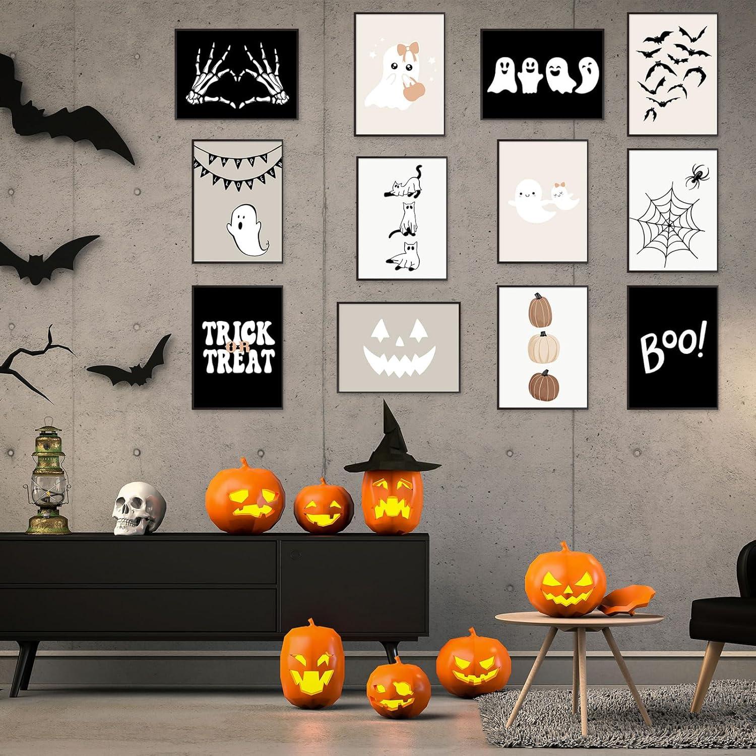 imageWhaline 12Pcs Halloween Wall Art Prints Cute Pink Ghost Pumpkin Boo Art Poster Trick or Treat Aesthetic Wall Decor for Gallery Living Room Bedroom UNFRAMED 11 x 14 InchBlack