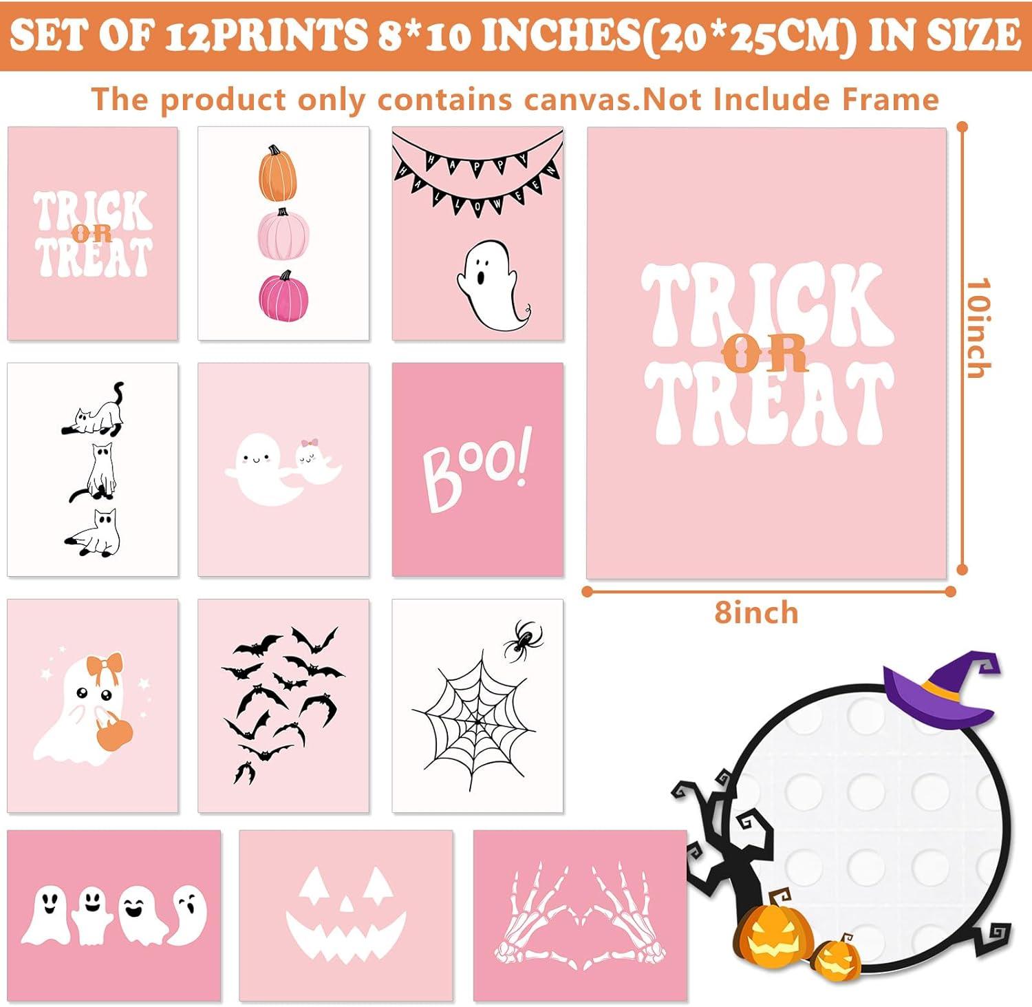 imageWhaline 12Pcs Halloween Wall Art Prints Cute Pink Ghost Pumpkin Boo Art Poster Trick or Treat Aesthetic Wall Decor for Gallery Living Room Bedroom UNFRAMED 11 x 14 InchPink