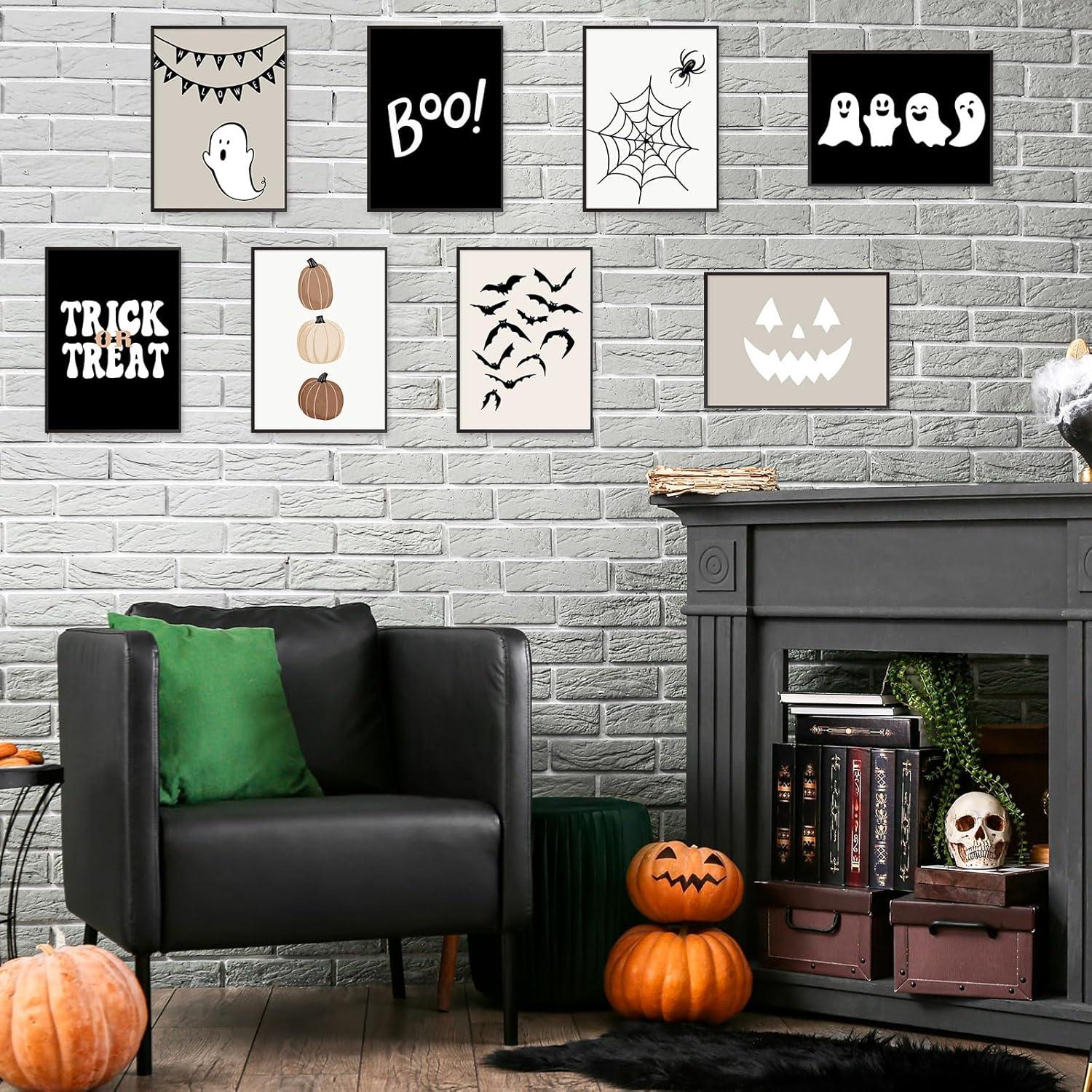 imageWhaline 12Pcs Halloween Wall Art Prints Cute Pink Ghost Pumpkin Boo Art Poster Trick or Treat Aesthetic Wall Decor for Gallery Living Room Bedroom UNFRAMED 11 x 14 InchBlack