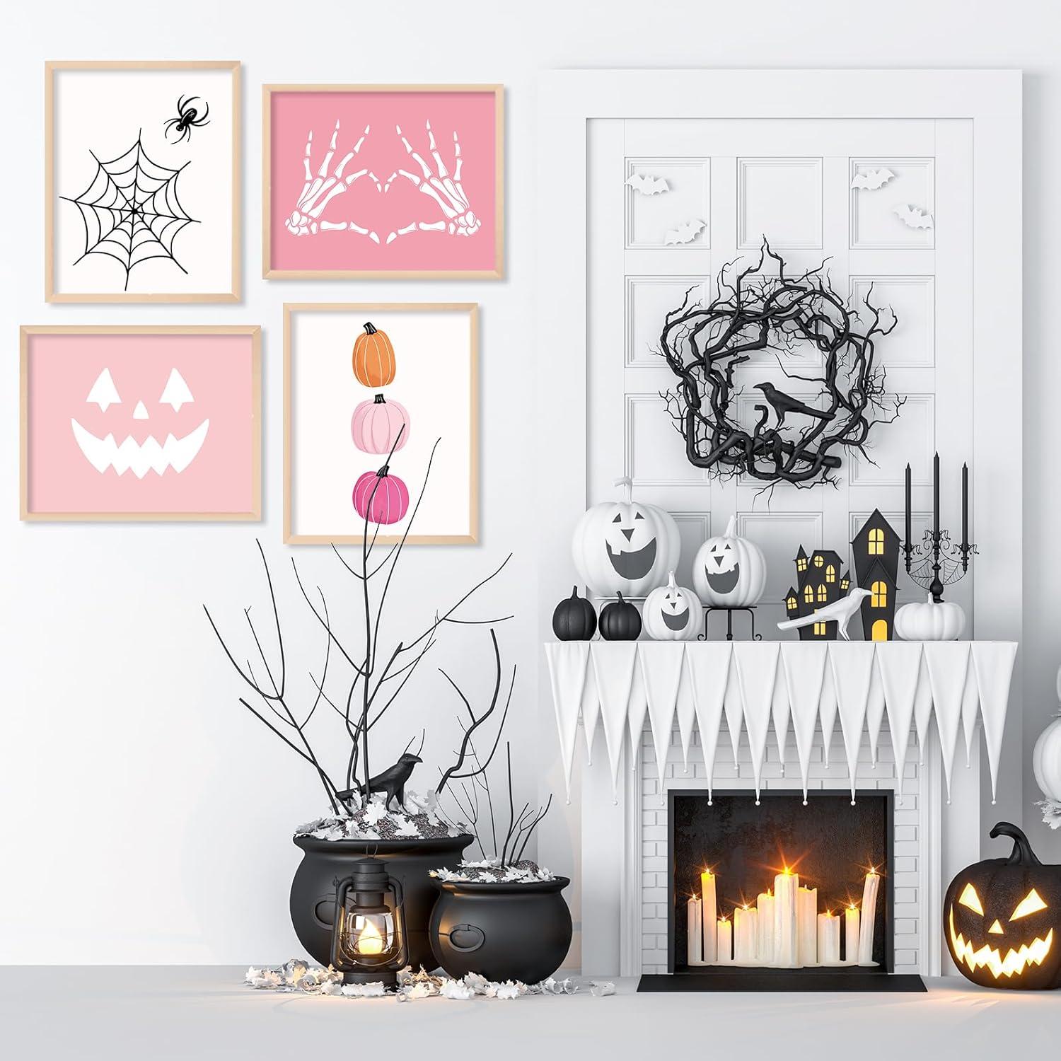 imageWhaline 12Pcs Halloween Wall Art Prints Cute Pink Ghost Pumpkin Boo Art Poster Trick or Treat Aesthetic Wall Decor for Gallery Living Room Bedroom UNFRAMED 11 x 14 InchPink