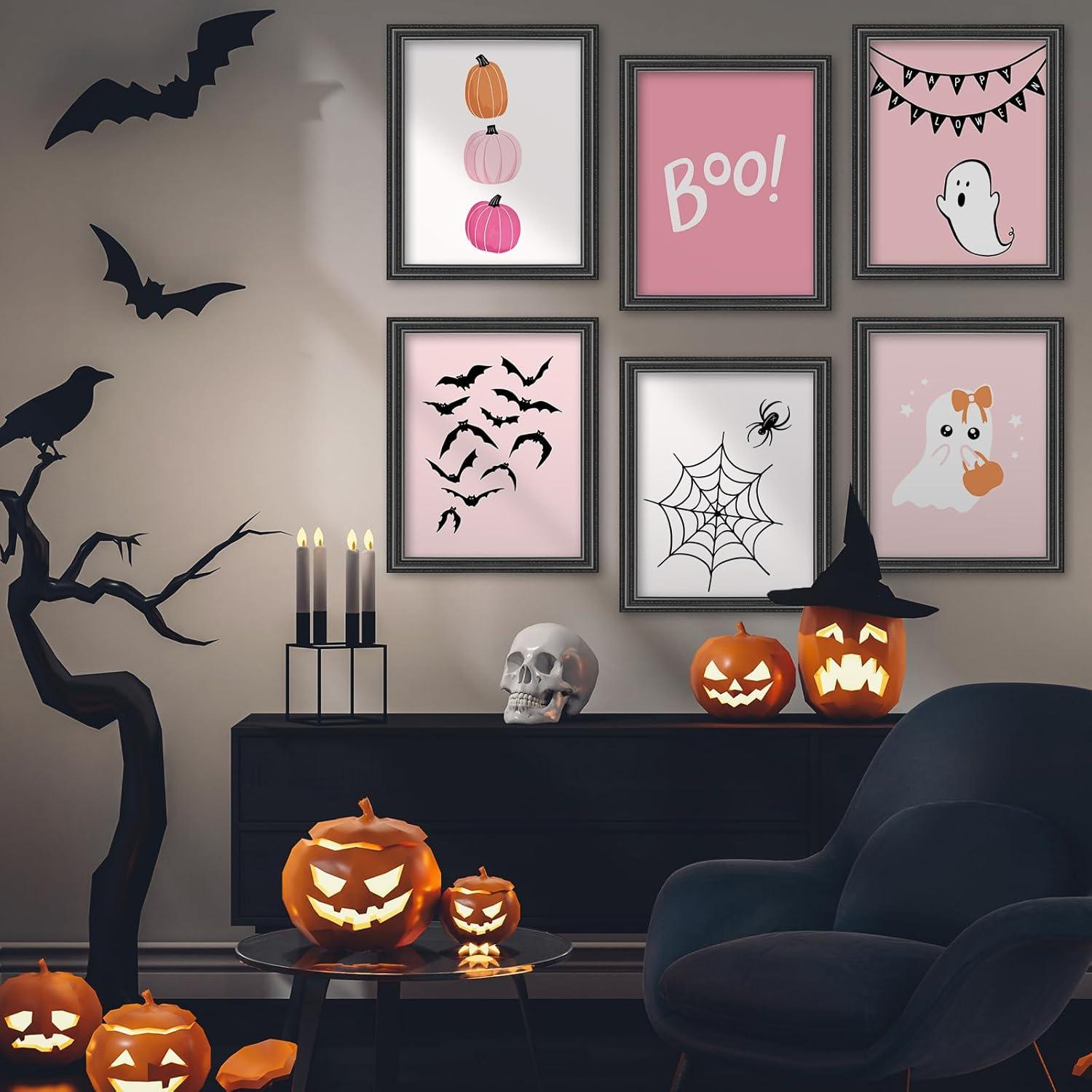 imageWhaline 12Pcs Halloween Wall Art Prints Cute Pink Ghost Pumpkin Boo Art Poster Trick or Treat Aesthetic Wall Decor for Gallery Living Room Bedroom UNFRAMED 11 x 14 InchPink