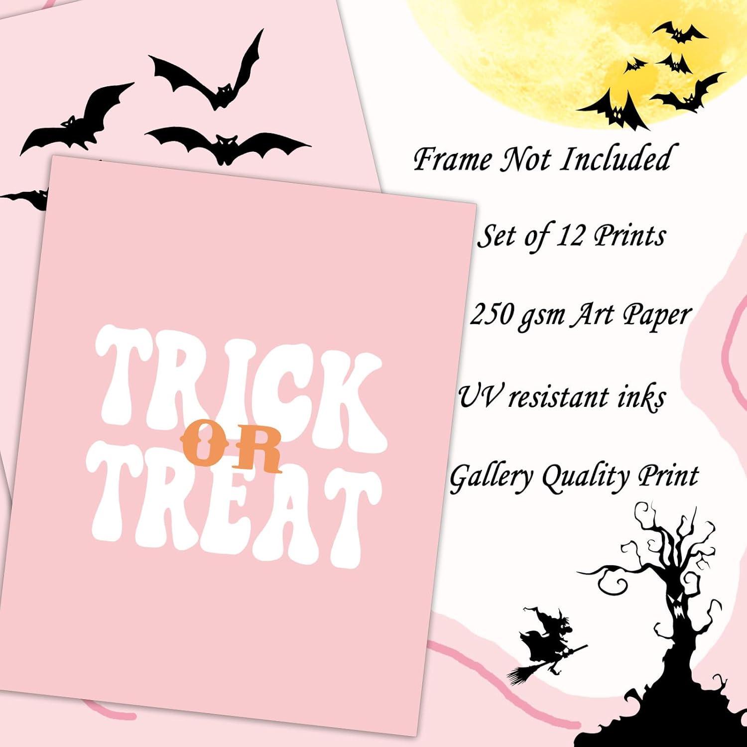 imageWhaline 12Pcs Halloween Wall Art Prints Cute Pink Ghost Pumpkin Boo Art Poster Trick or Treat Aesthetic Wall Decor for Gallery Living Room Bedroom UNFRAMED 11 x 14 InchPink