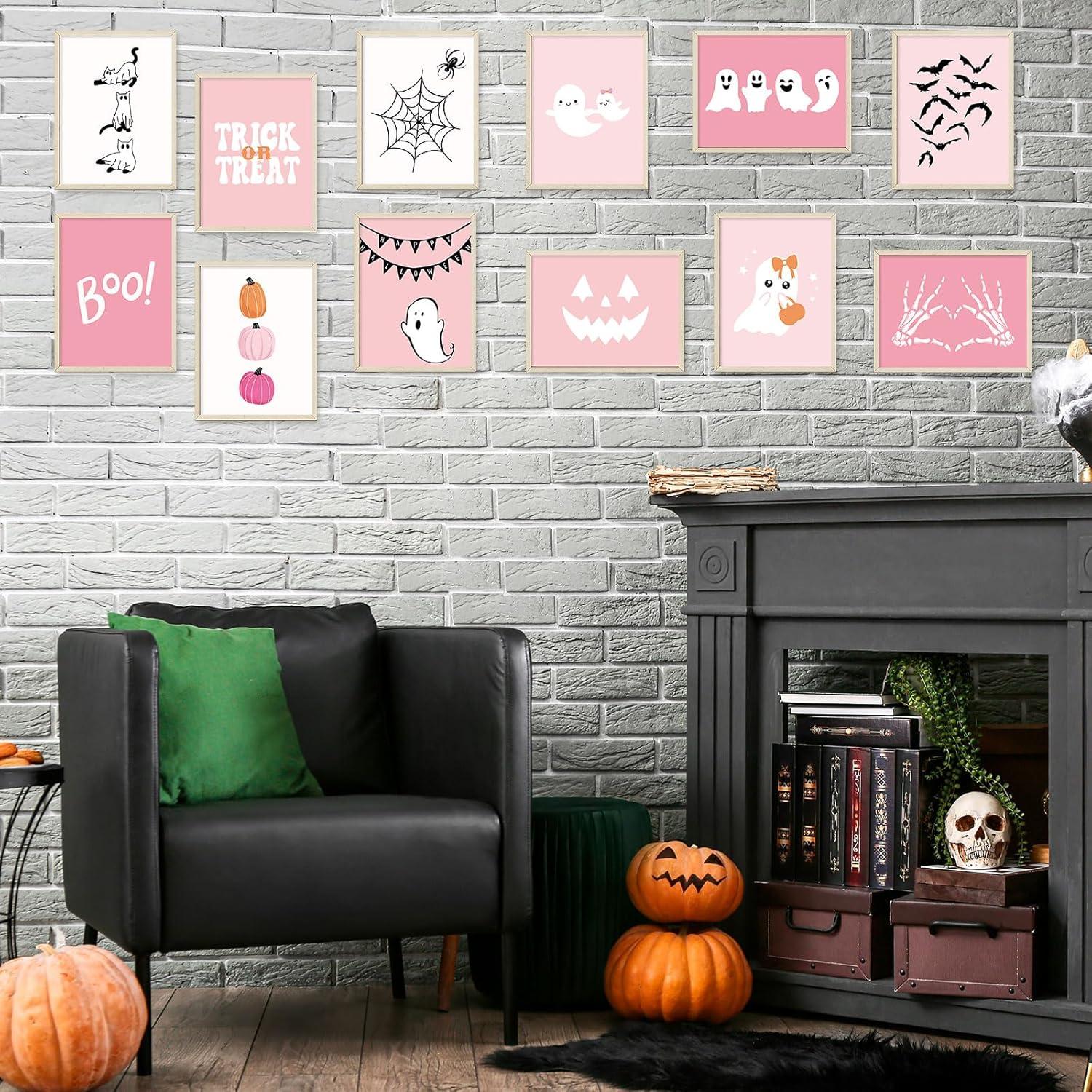 imageWhaline 12Pcs Halloween Wall Art Prints Cute Pink Ghost Pumpkin Boo Art Poster Trick or Treat Aesthetic Wall Decor for Gallery Living Room Bedroom UNFRAMED 11 x 14 InchPink