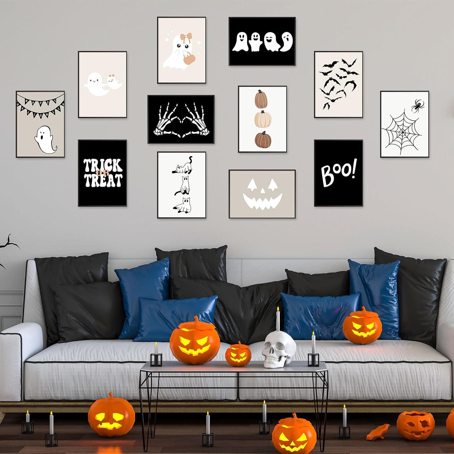 imageWhaline 12Pcs Halloween Wall Art Prints Cute Pink Ghost Pumpkin Boo Art Poster Trick or Treat Aesthetic Wall Decor for Gallery Living Room Bedroom UNFRAMED 11 x 14 InchBlack