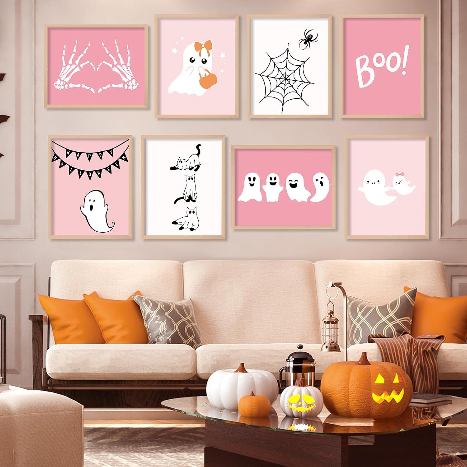 imageWhaline 12Pcs Halloween Wall Art Prints Cute Pink Ghost Pumpkin Boo Art Poster Trick or Treat Aesthetic Wall Decor for Gallery Living Room Bedroom UNFRAMED 11 x 14 InchPink