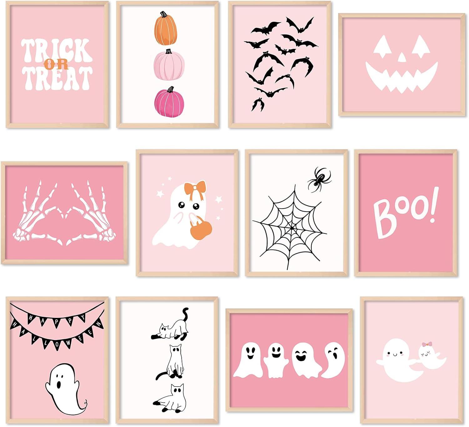 imageWhaline 12Pcs Halloween Wall Art Prints Cute Pink Ghost Pumpkin Boo Art Poster Trick or Treat Aesthetic Wall Decor for Gallery Living Room Bedroom UNFRAMED 11 x 14 InchPink