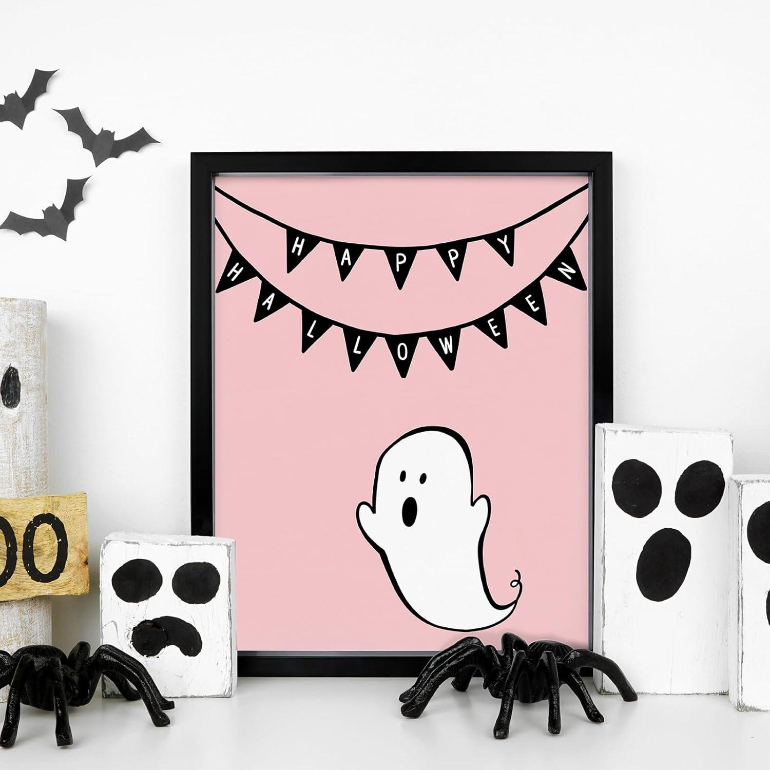imageWhaline 12Pcs Halloween Wall Art Prints Cute Pink Ghost Pumpkin Boo Art Poster Trick or Treat Aesthetic Wall Decor for Gallery Living Room Bedroom UNFRAMED 11 x 14 InchPink