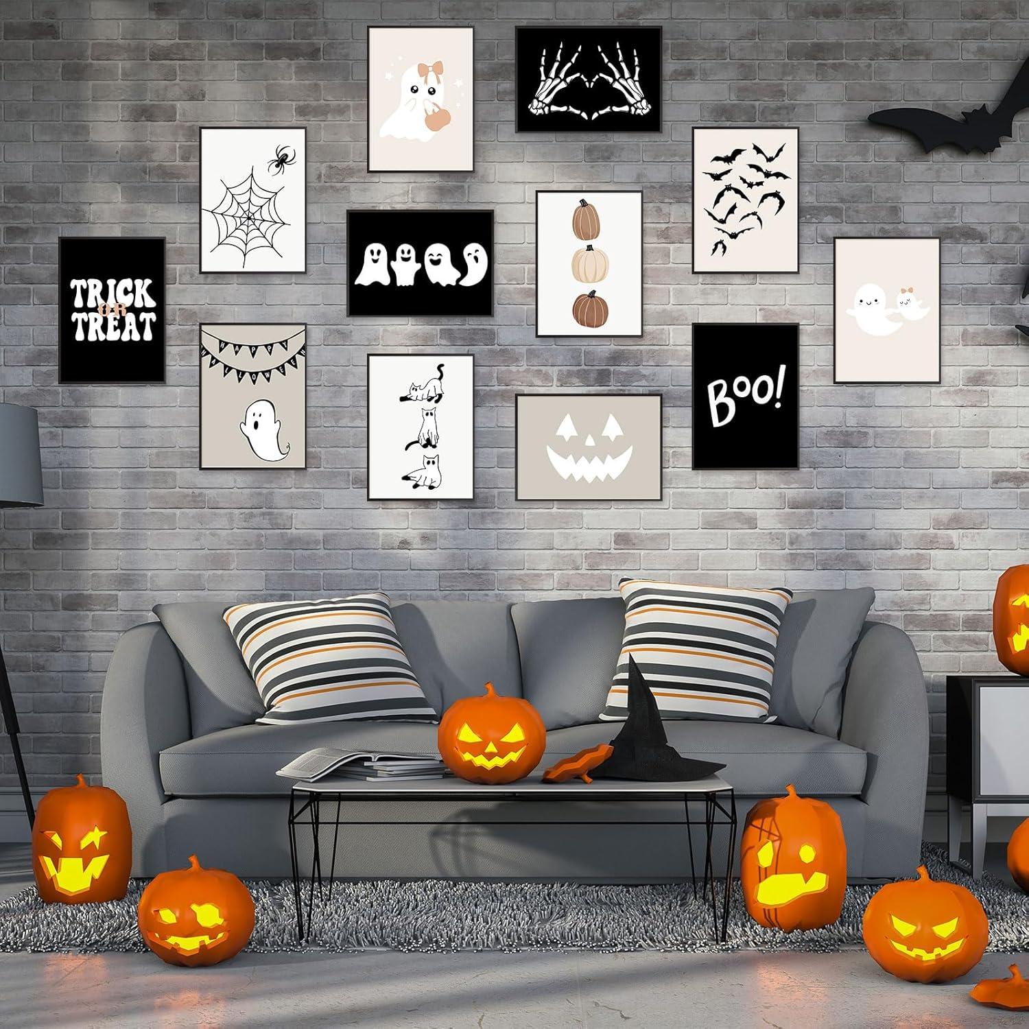 imageWhaline 12Pcs Halloween Wall Art Prints Cute Pink Ghost Pumpkin Boo Art Poster Trick or Treat Aesthetic Wall Decor for Gallery Living Room Bedroom UNFRAMED 11 x 14 InchBlack