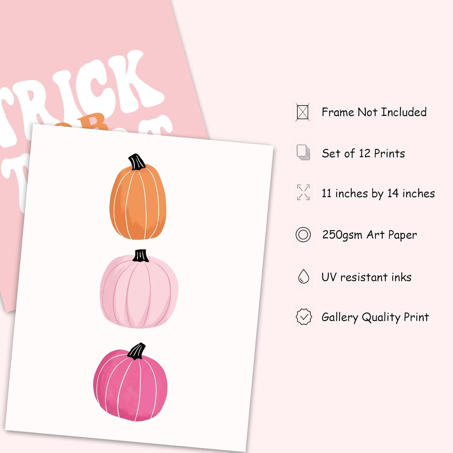 imageWhaline 12Pcs Halloween Wall Art Prints Cute Pink Ghost Pumpkin Boo Art Poster Trick or Treat Aesthetic Wall Decor for Gallery Living Room Bedroom UNFRAMED 11 x 14 InchPink